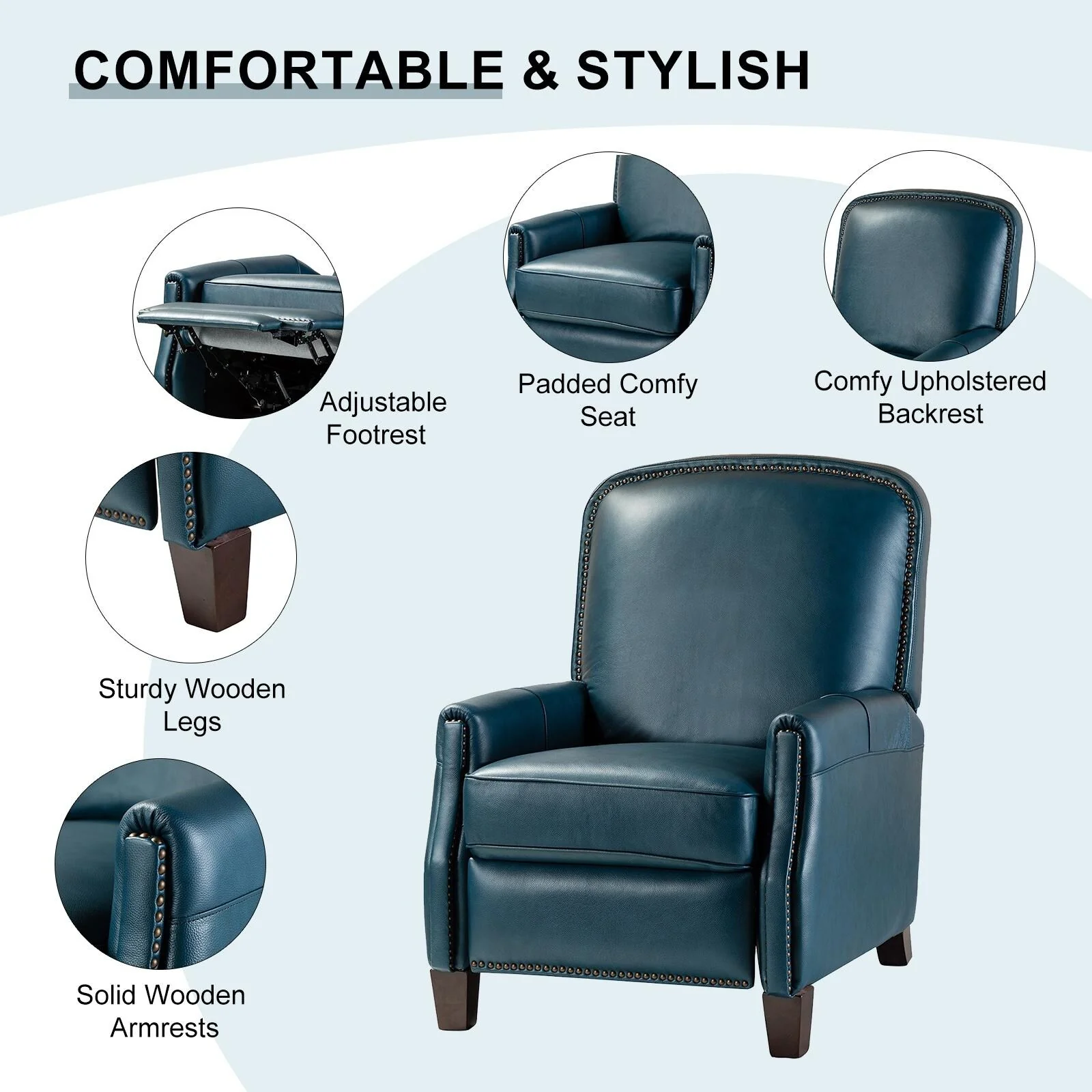 Gladis Modern Retro Genuine Leather Recliner with Nailhead Trim by HULALA HOME