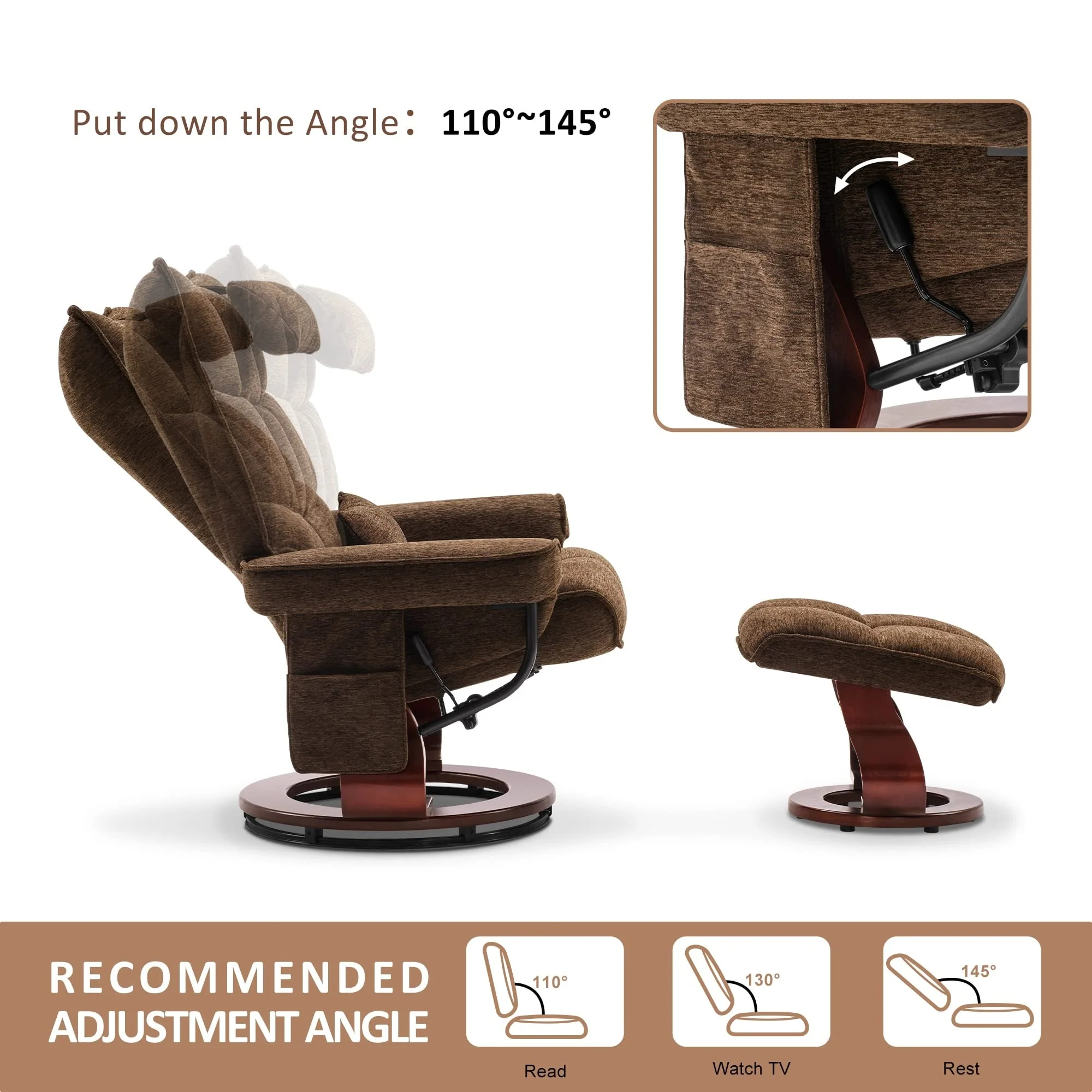 MCombo Swivel Recliner with Ottoman and Neck Pillow, Chenille Fabric