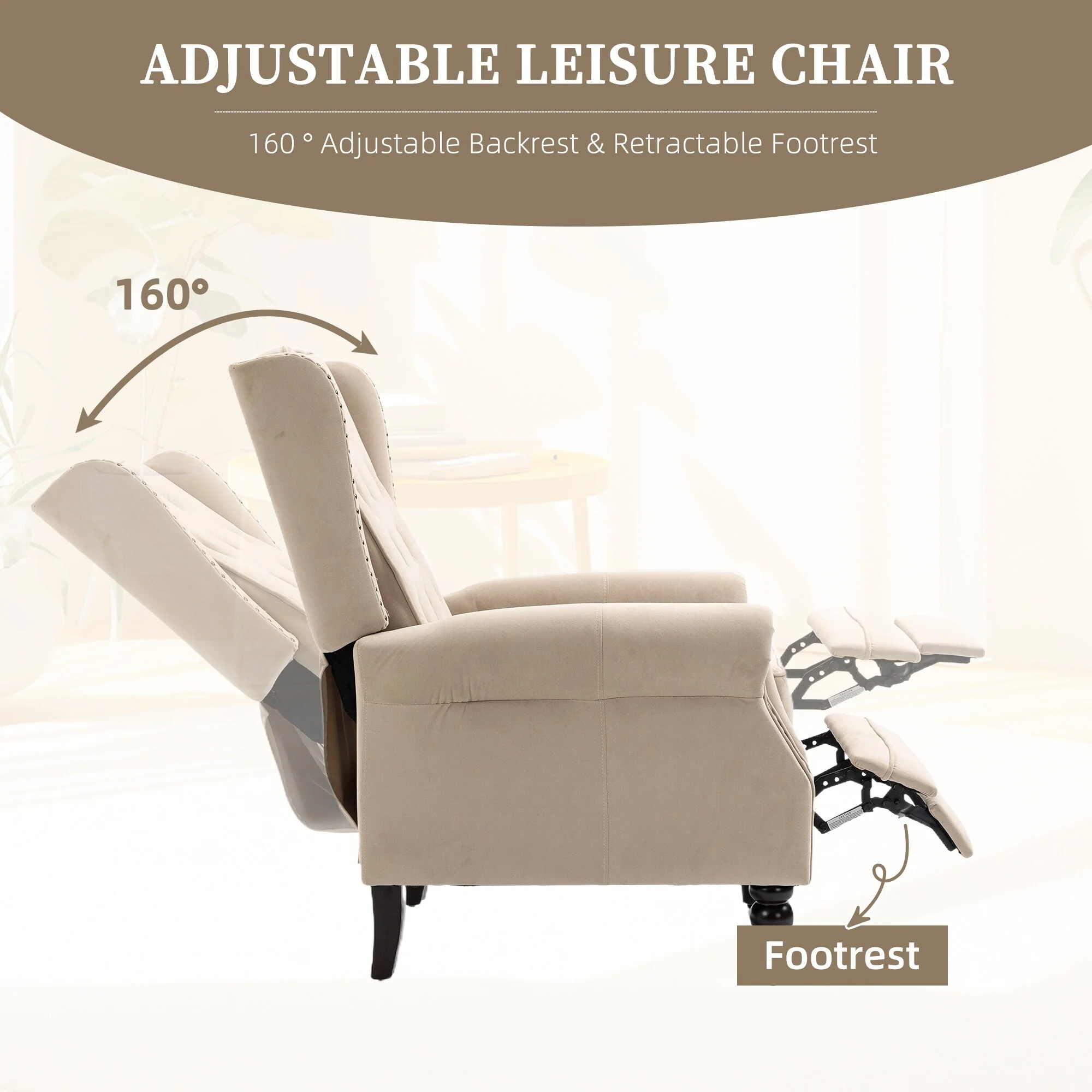 Velvet Upholstered Nailhead Tufted Recliner Chair with Black Legs