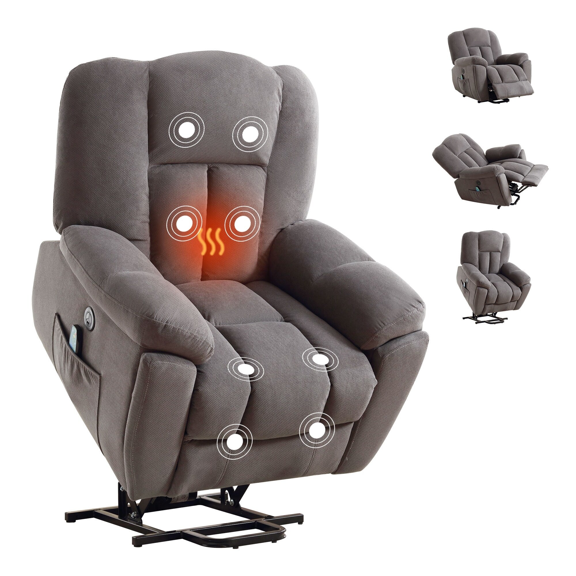 Grey Electric Power Lift Recliner with Heating, Massage, Infinite Positions, USB Charging, and Convenient Side Pockets