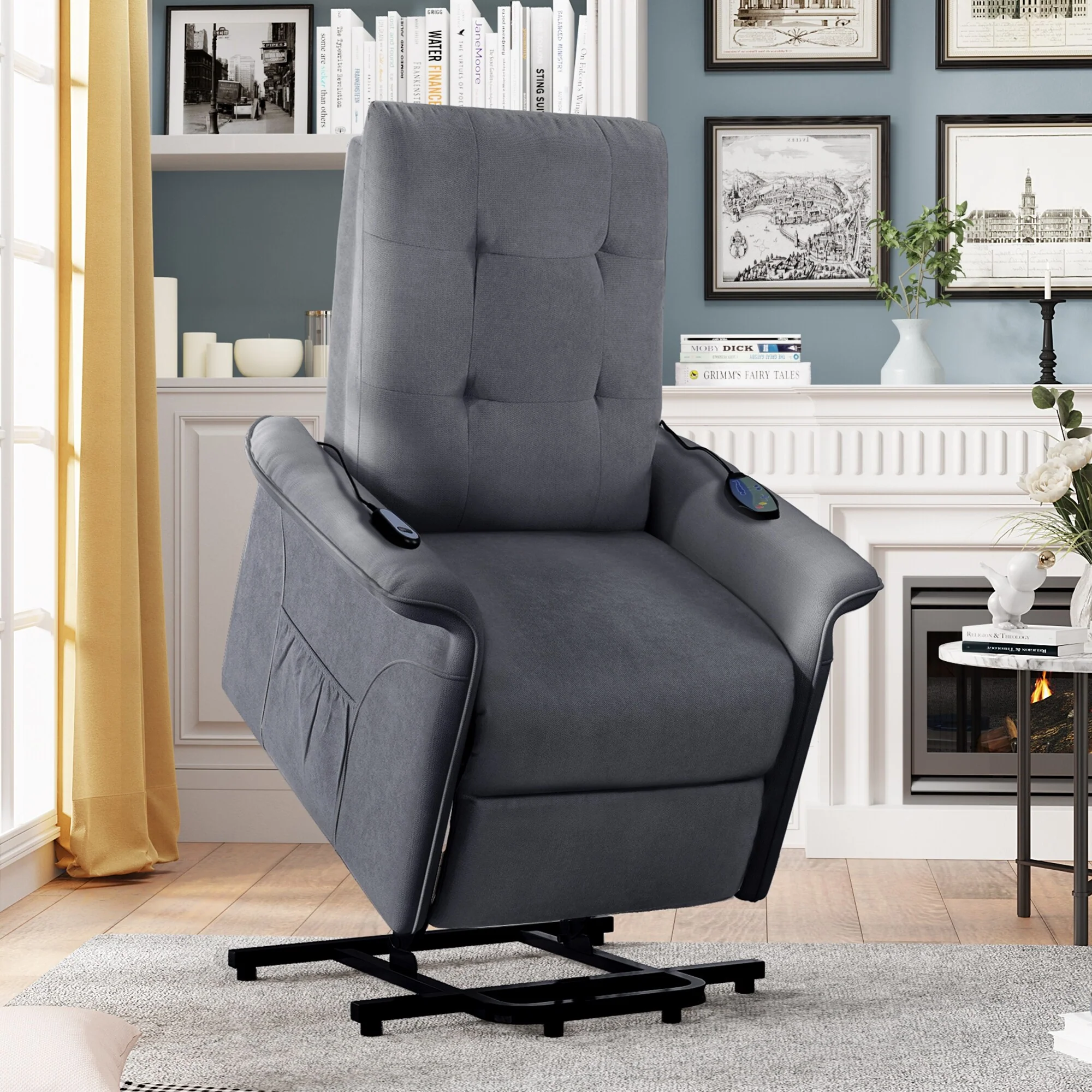 Grey Elderly Lift Recliner with Adjustable Massage, Overstuffed Cushioning, Remote Control, and Convenient Side Pockets