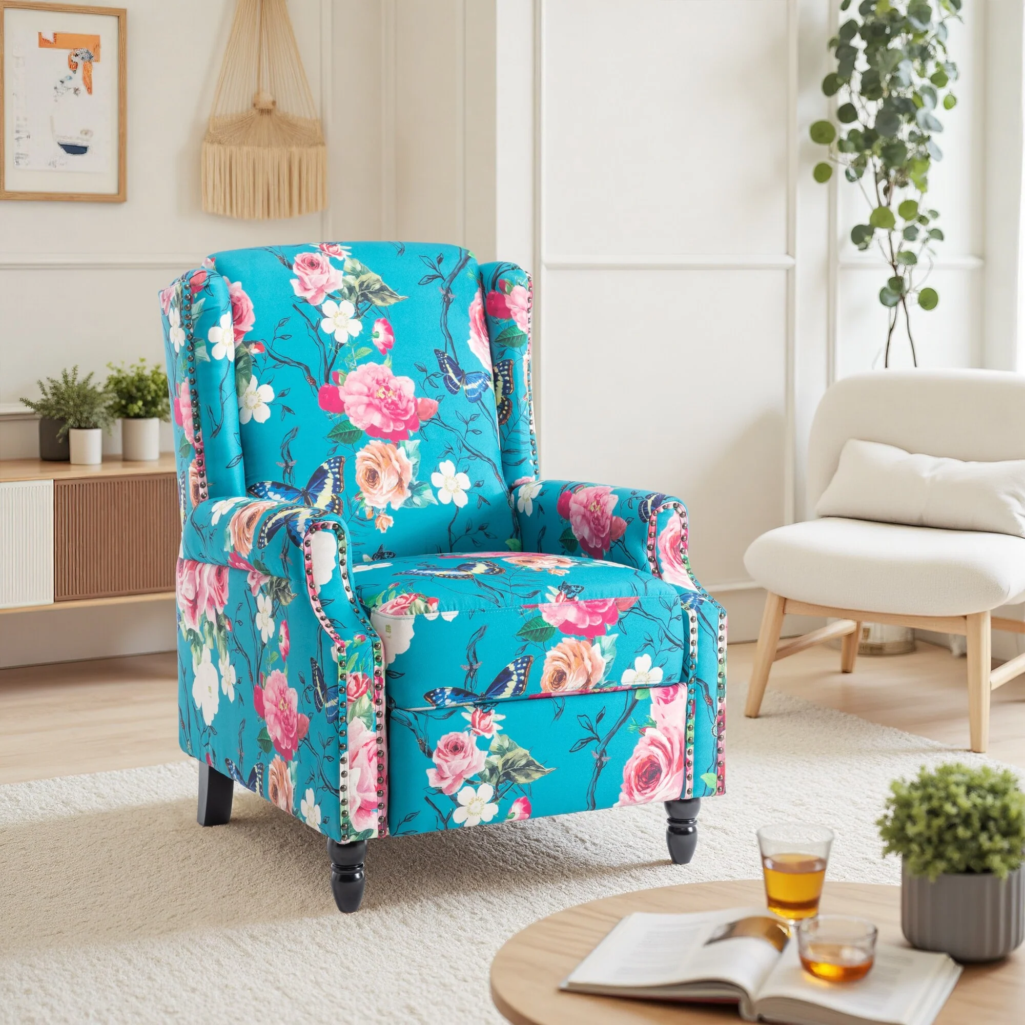 Linen Manual Upholstered Recliner with Wood Legs