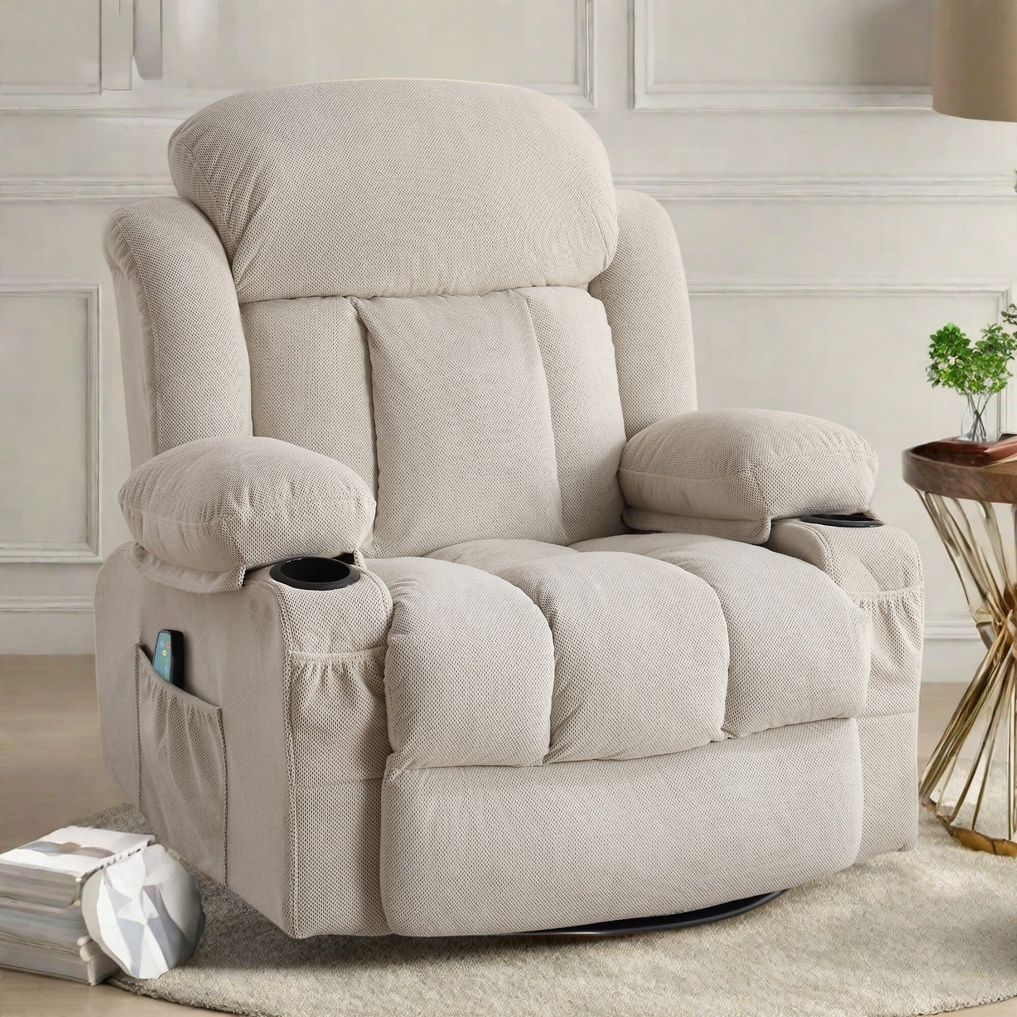 360�� Swivel Massage Recliner Chair in Soft Velvet with Heat, USB, Manual Recline and Storage Pockets
