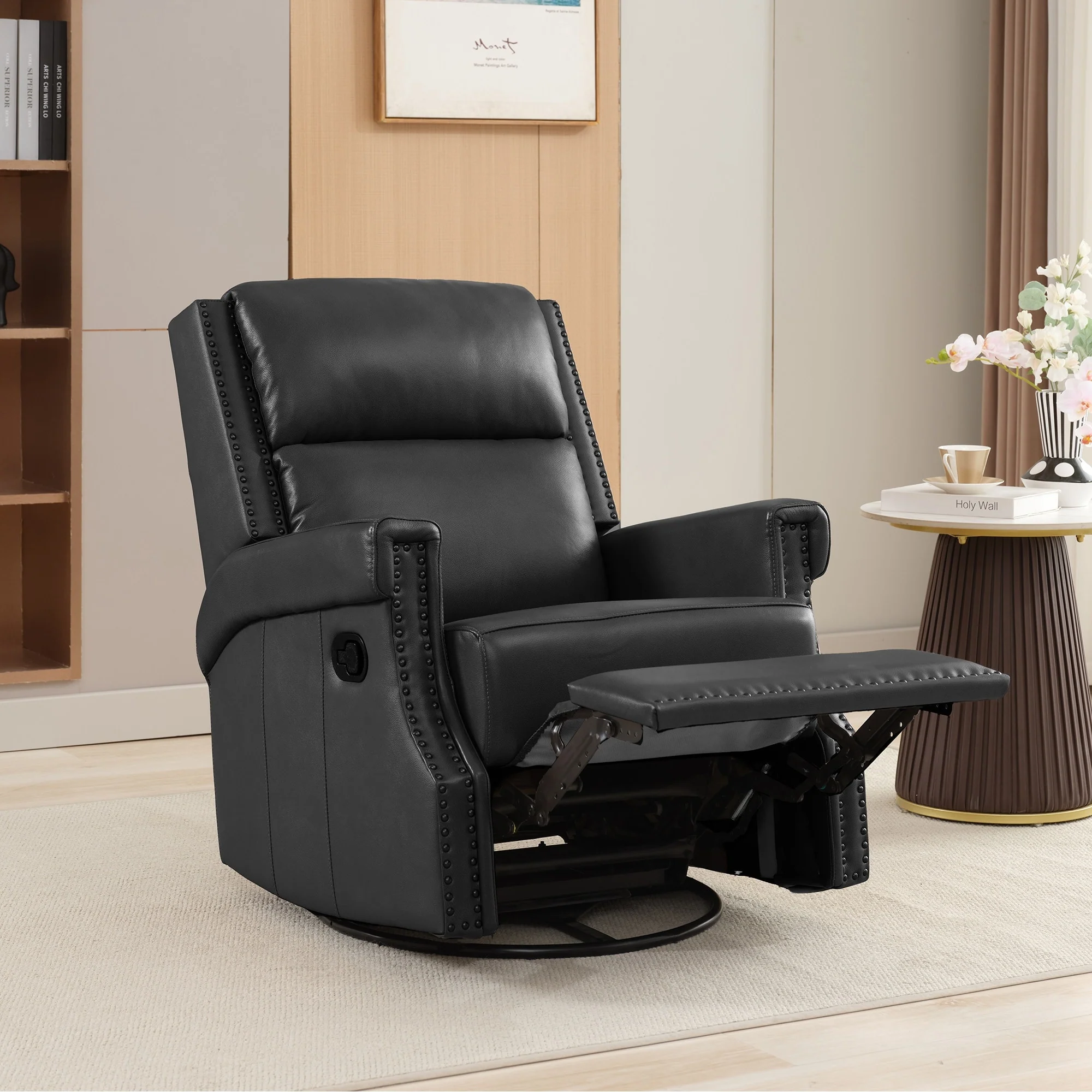 Genuine Leather Manual Rocking Recliner with 360-degree Metal Swivel Base