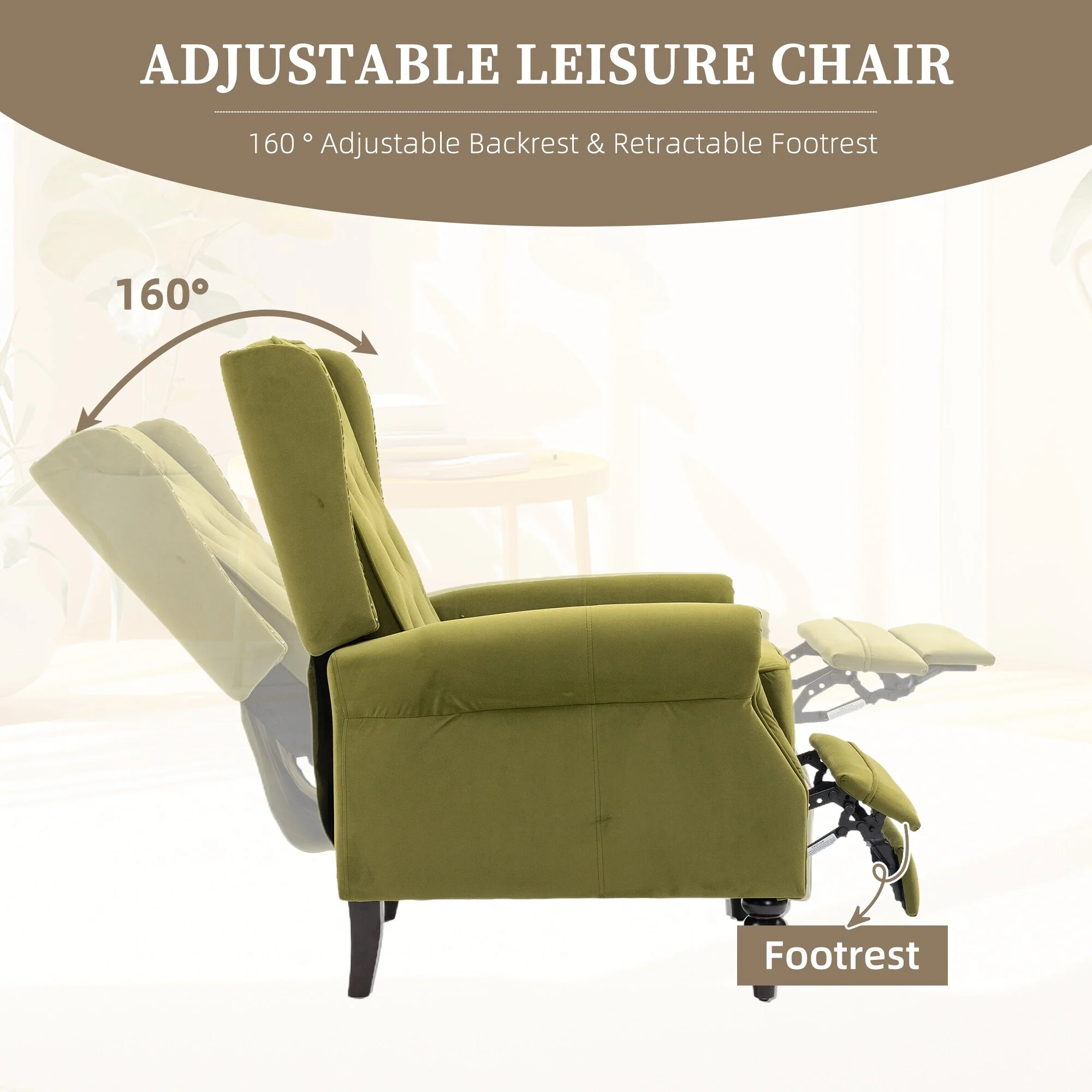 Velvet Upholstered Nailhead Tufted Recliner Chair with Black Legs