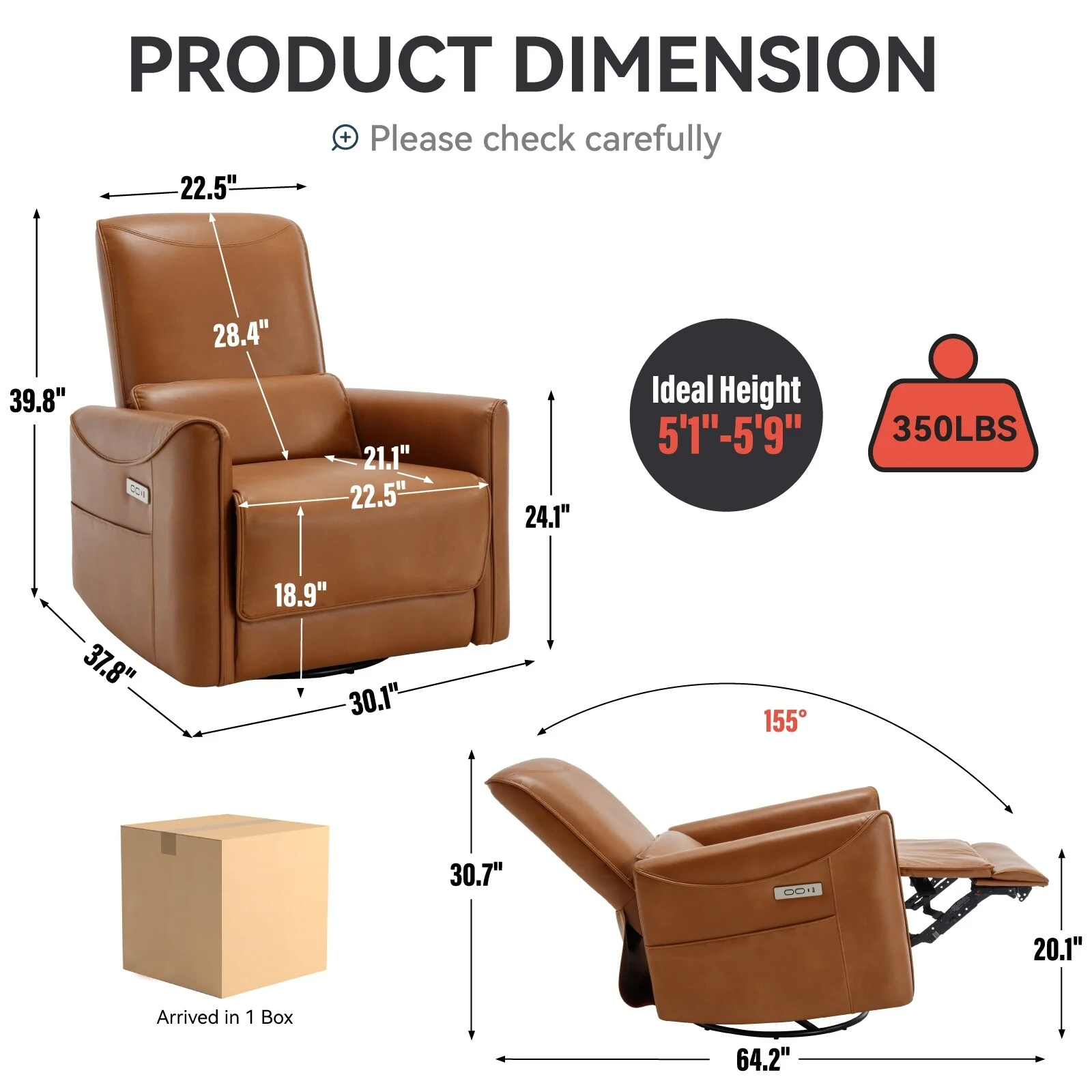 Brown Ergonomic Power Recliner with 270�� Swivel, Gentle Rocking Motion, Durable Fabric, USB & Type-C Ports