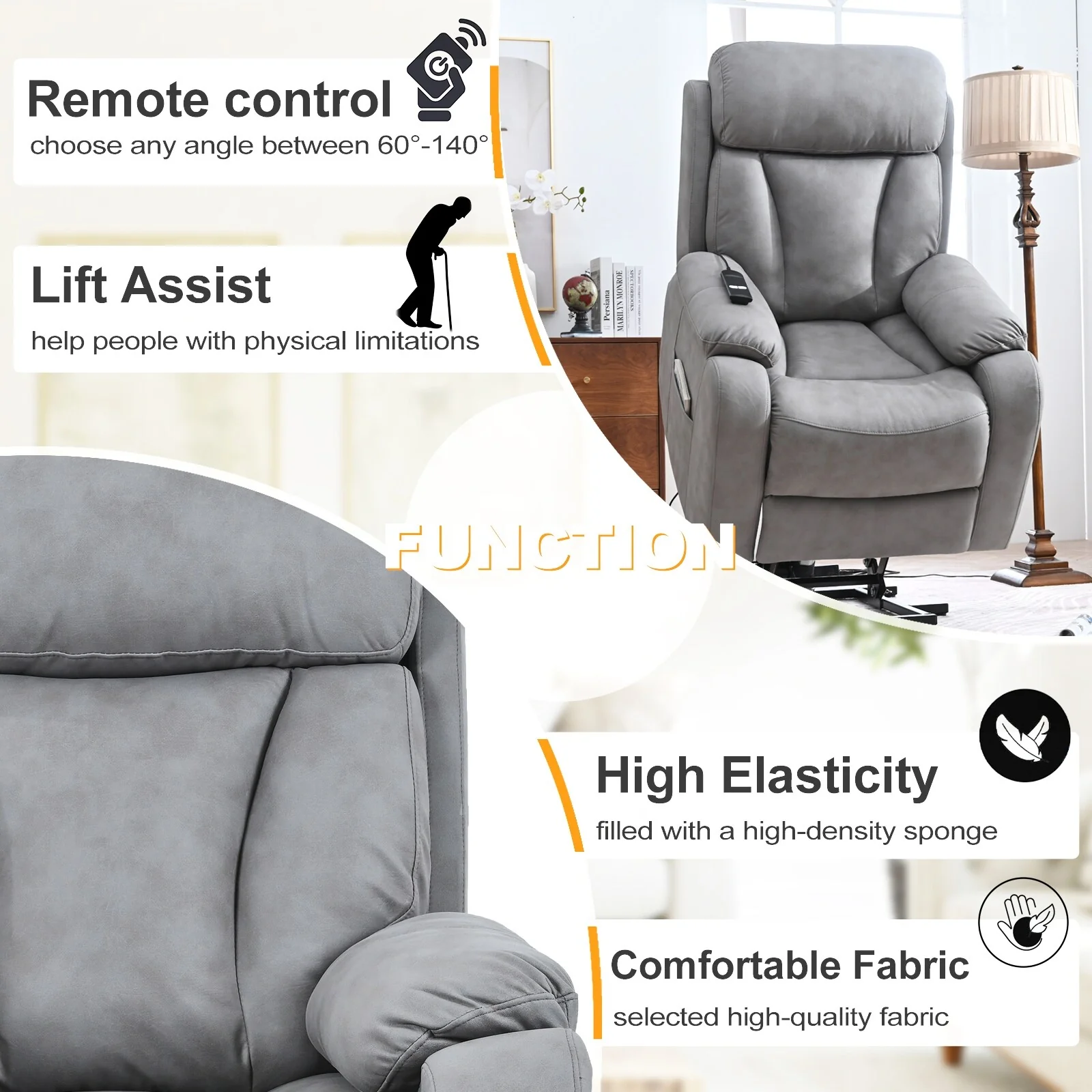 Grey Wide Seat Power Lift Recliner with Remote Control, Side Pocket, and Adjustable Recline Features
