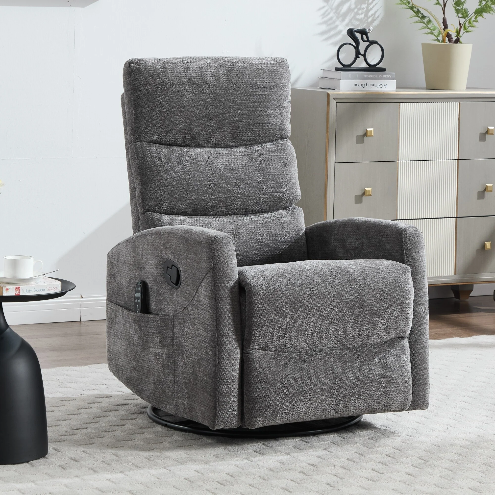 Heat Massage Manual Recliner Chair with Rocker and Swivel in Fabric for Living Room, GREY