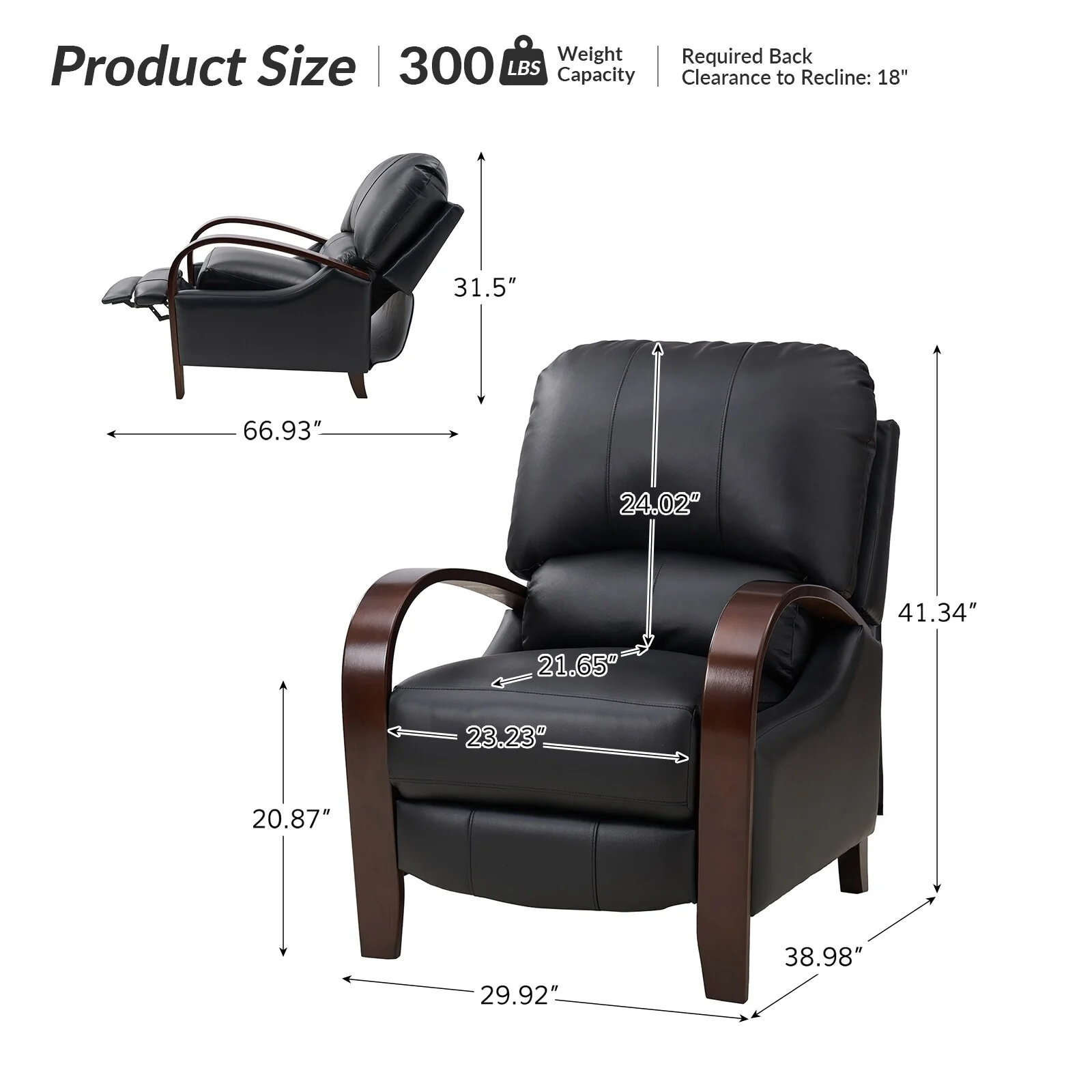 Alex Mid-century Modern Cigar Genuine Leather Manual Recliner with Wooden Curved Arms, Set of 2