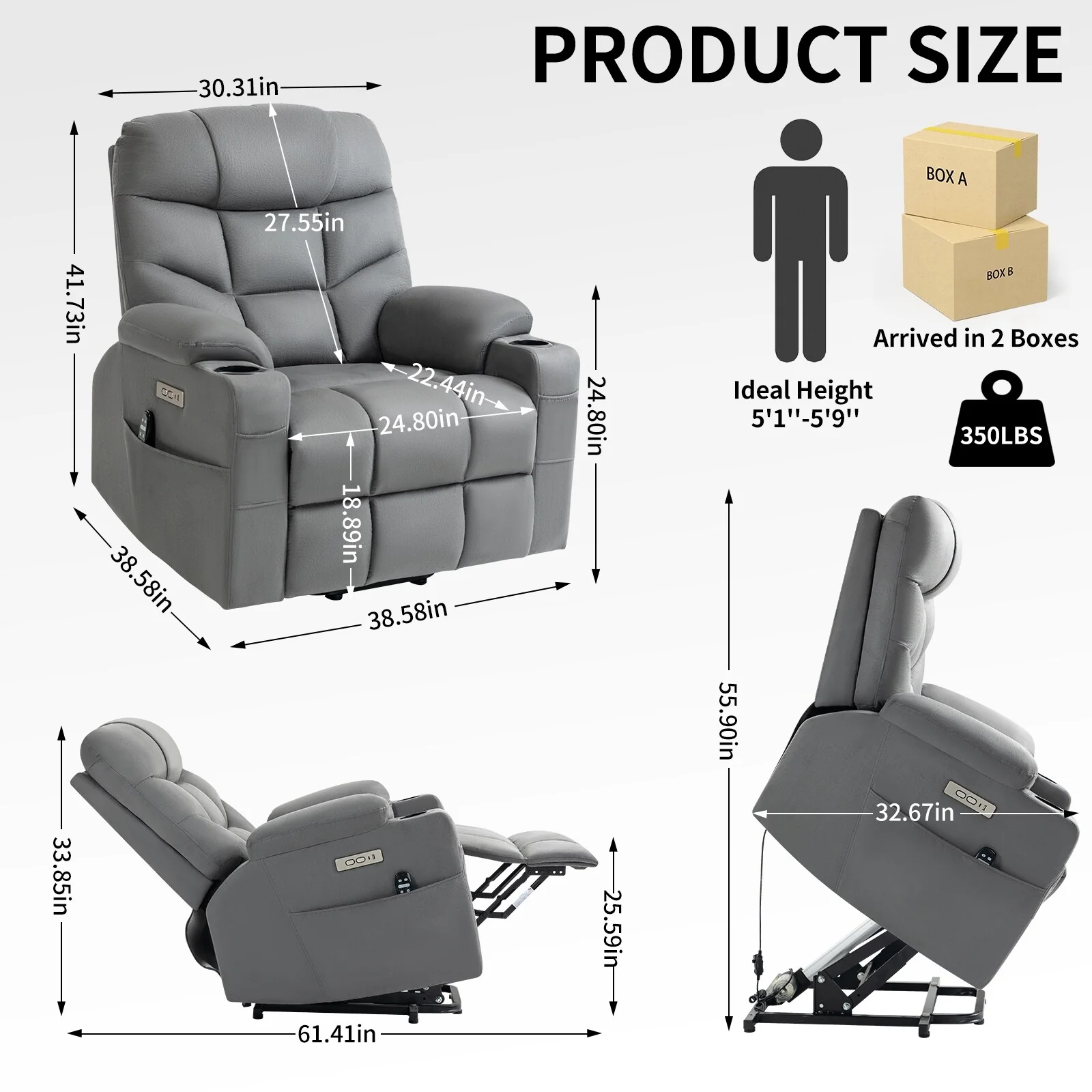 Power Lift Recliner featuring Okin Motor, 8-Point Vibration Massage, Lumbar Heating, USB & Type-C Ports, Dual Cup Holders
