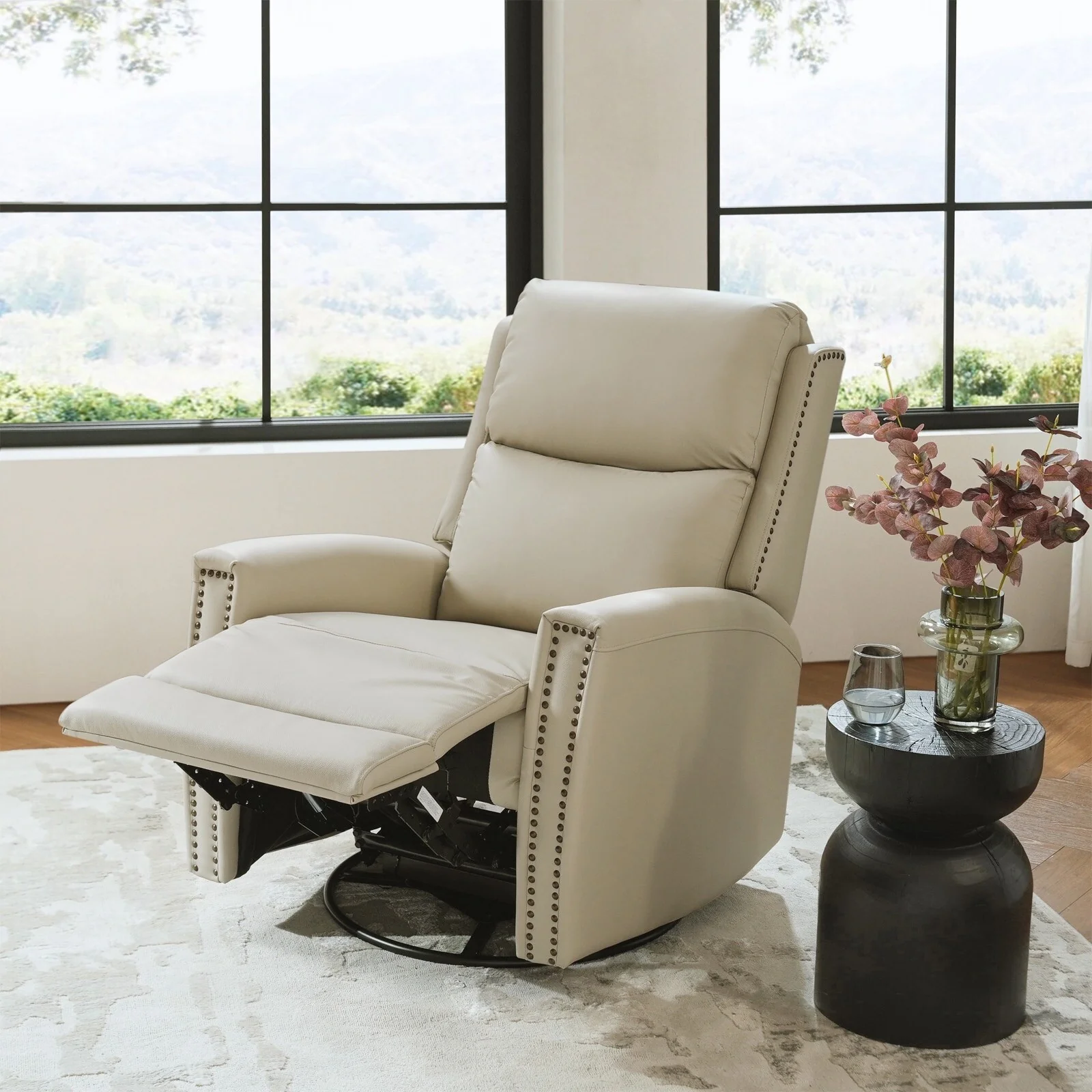 Fiacro 30.31Wide Modern Genuine Leather Wingback Swivel Rocker Recliner with Nailhead Trims