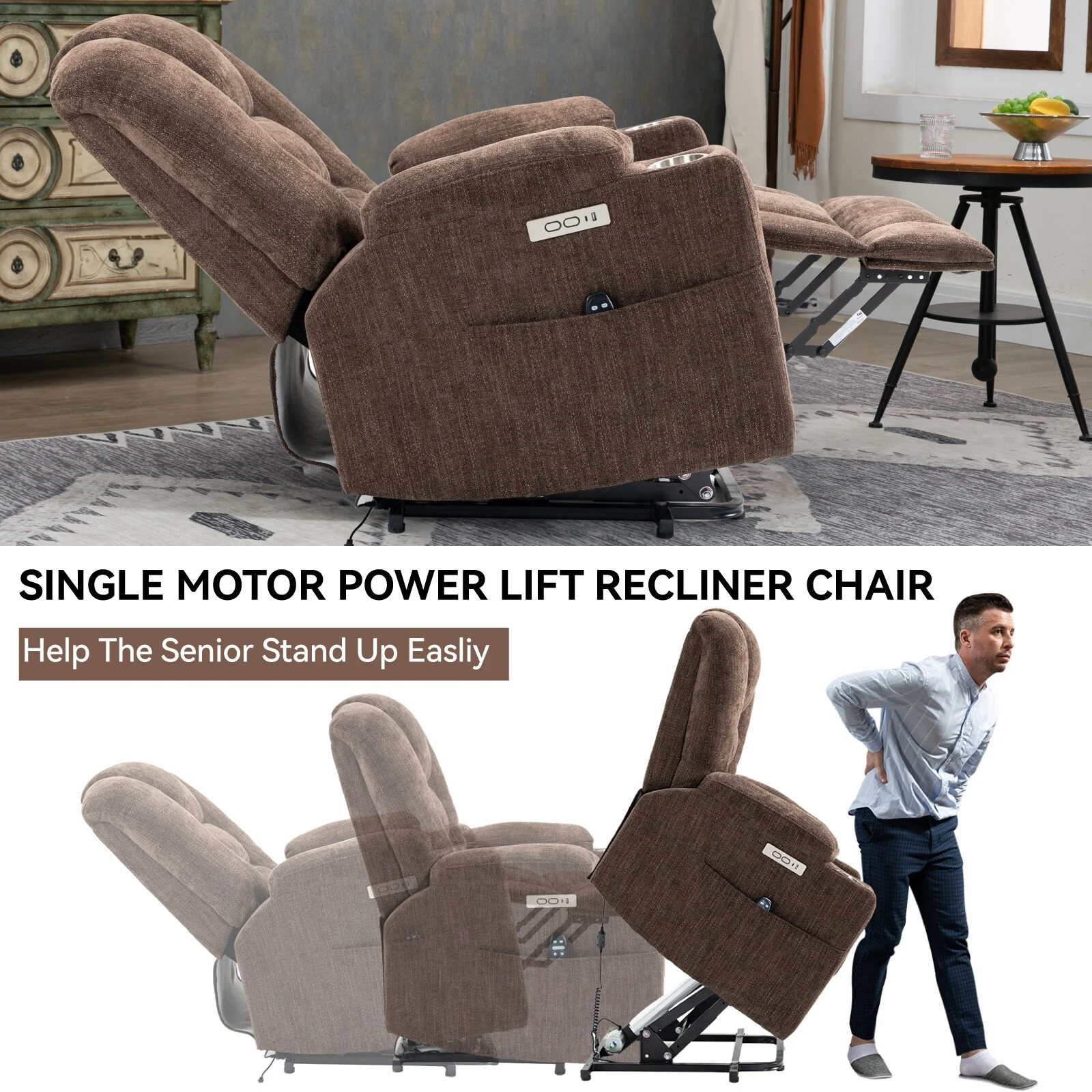 Power Lift Recliner Chair with Dual USB, Cup Holders & Chenille Fabric