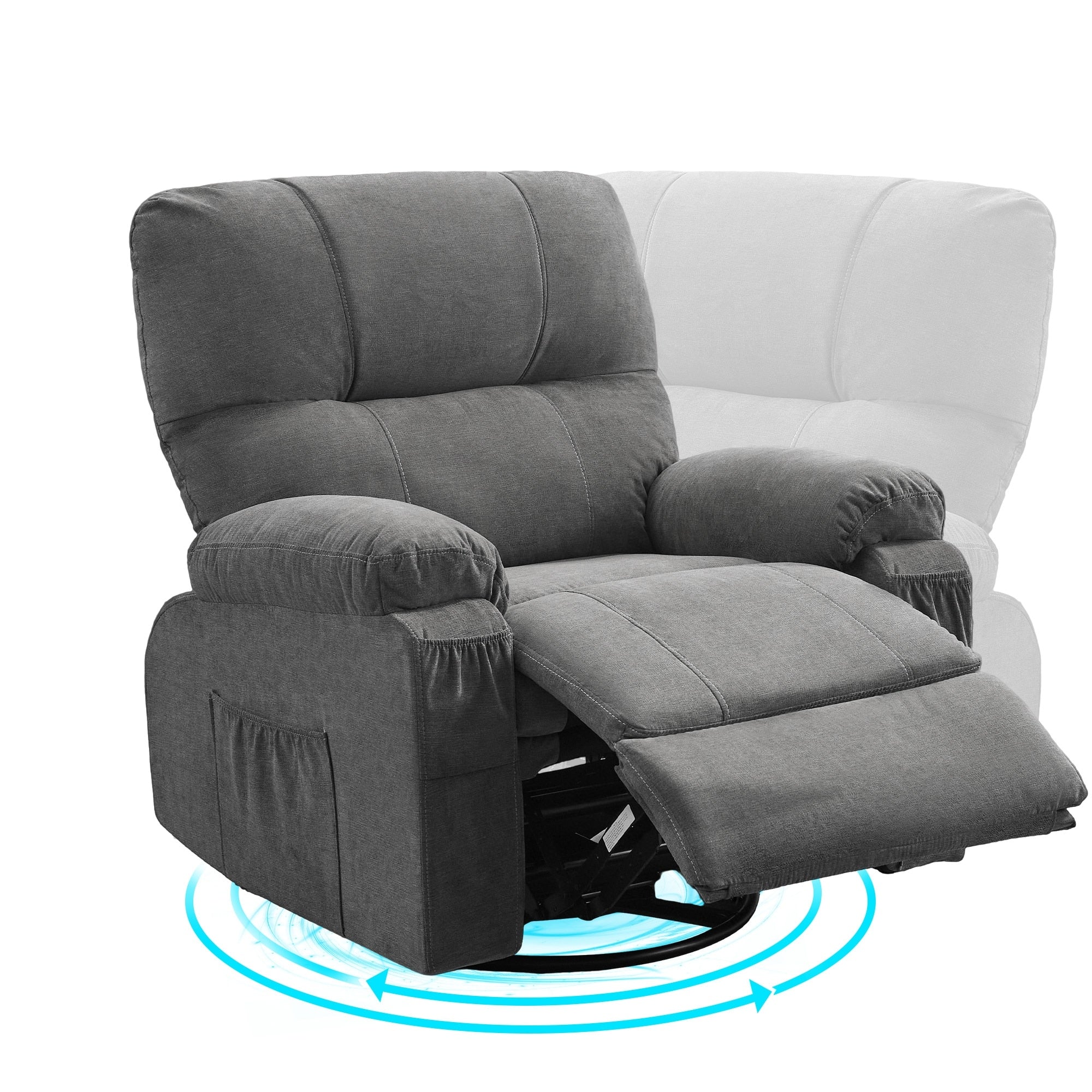 360�� Rotating Recliner Chair with Adjustable Backrest, Swivel Rocking Armchair with Footrest, Soft Cushions & Side Pockets