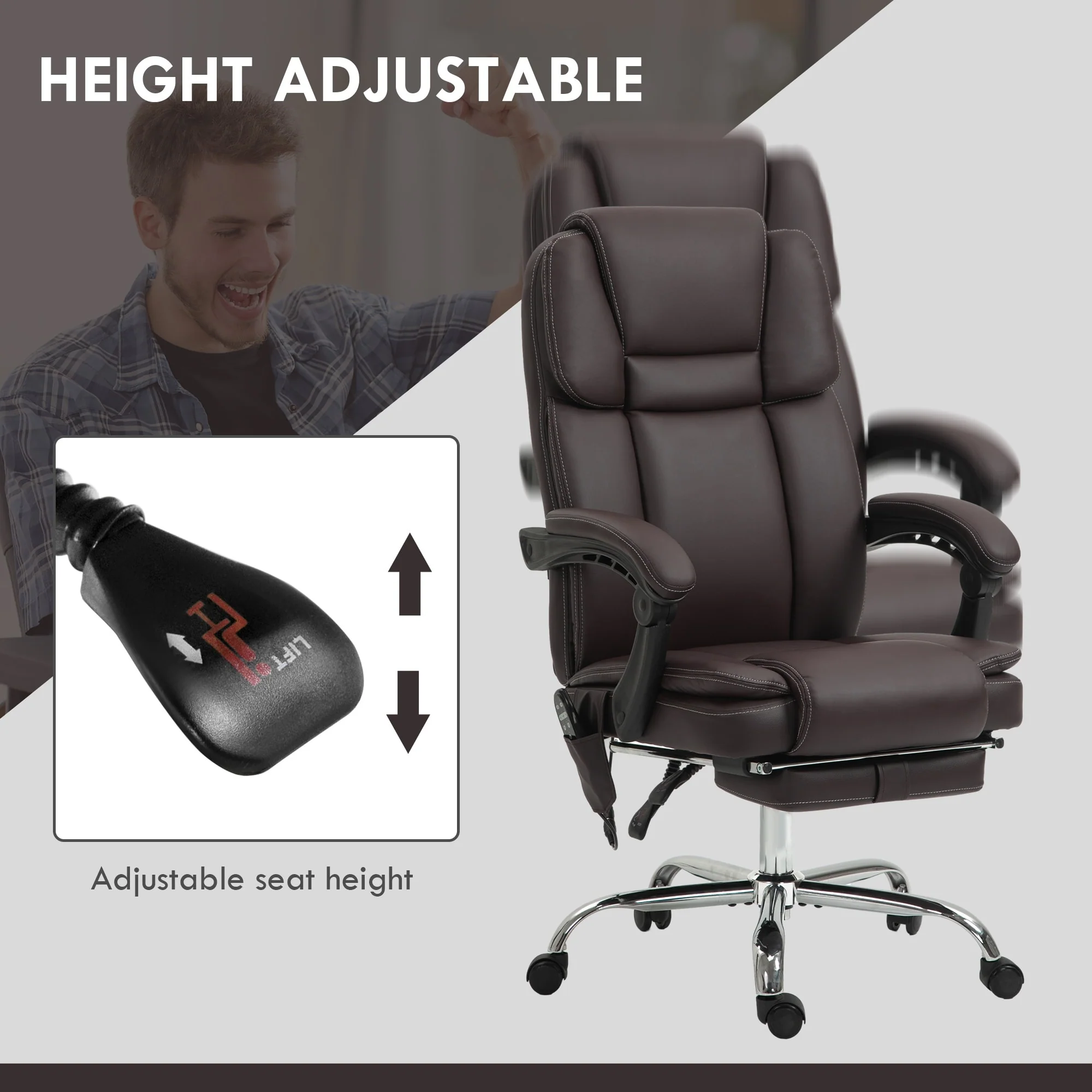 Heated PU Leather Executive Office Chair with Massage, Reclining Backrest, Adjustable Height & Extendable Footrest