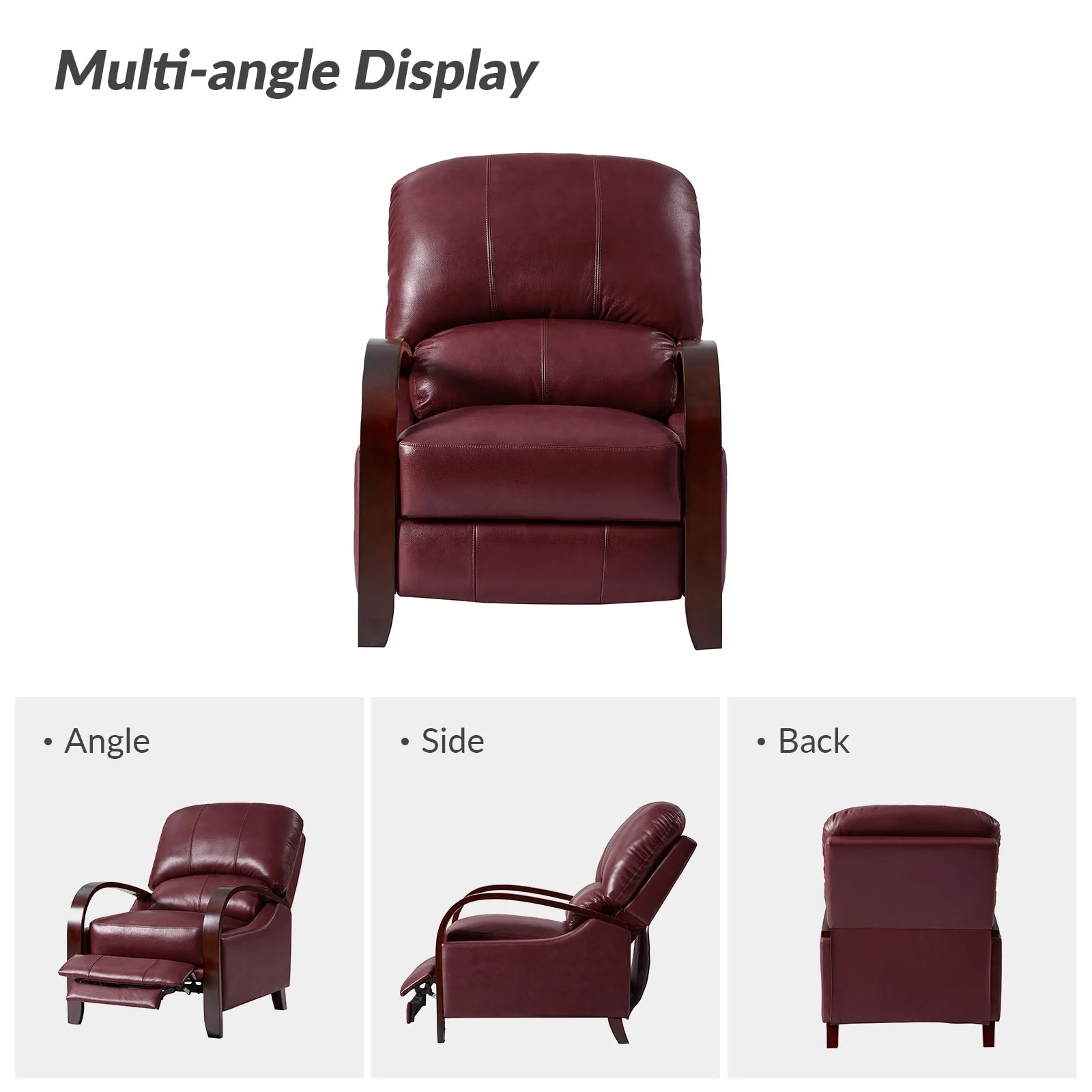 Alex Mid-century Modern Cigar Genuine Leather Manual Recliner with Wooden Curved Arms