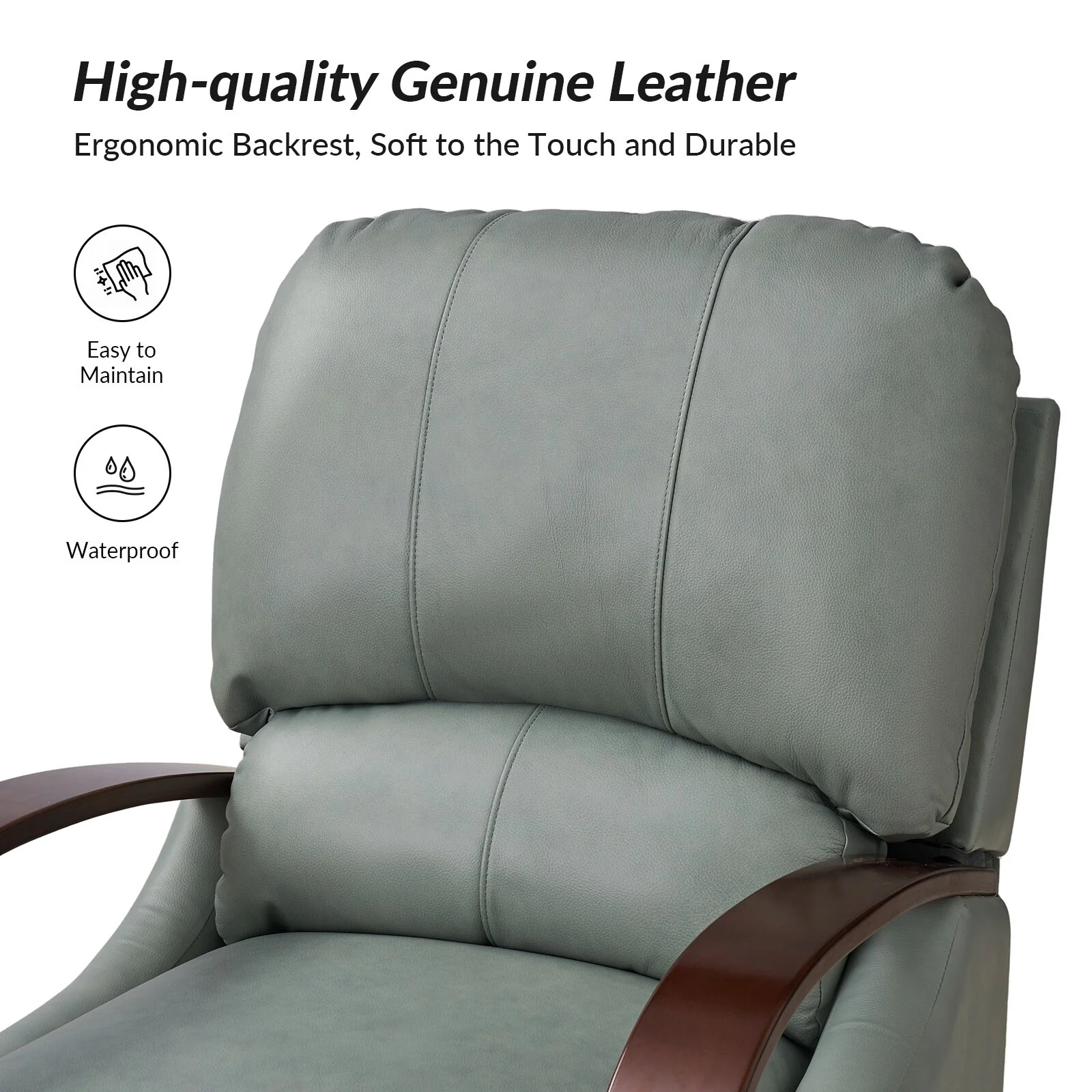 Alex Mid-century Modern Cigar Genuine Leather Manual Recliner with Wooden Curved Arms