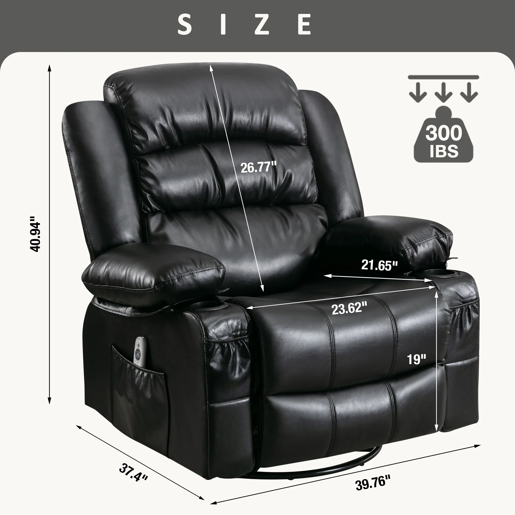 Black Swivel Rocker Recliner Chair with Massage, Heat, USB, and Cup Holders