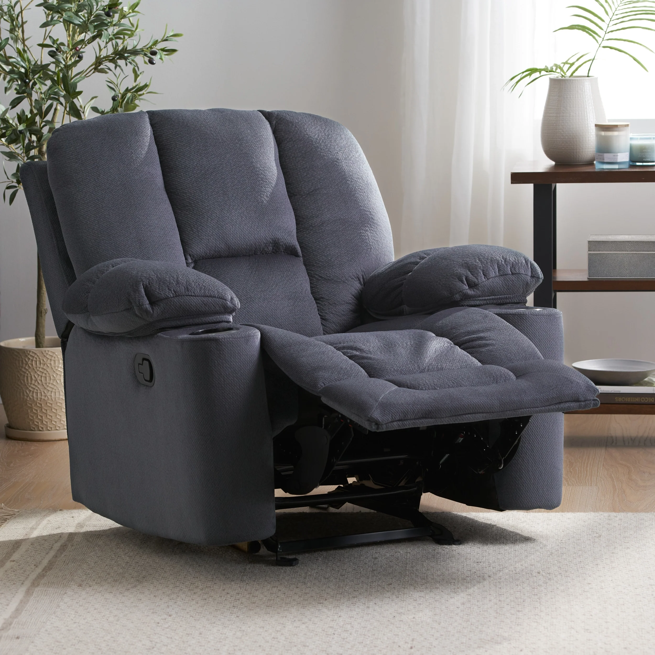 Stylish Manual Recliner with Soft Fabric Upholstery, Plush Padding, and Dual Cup Holders
