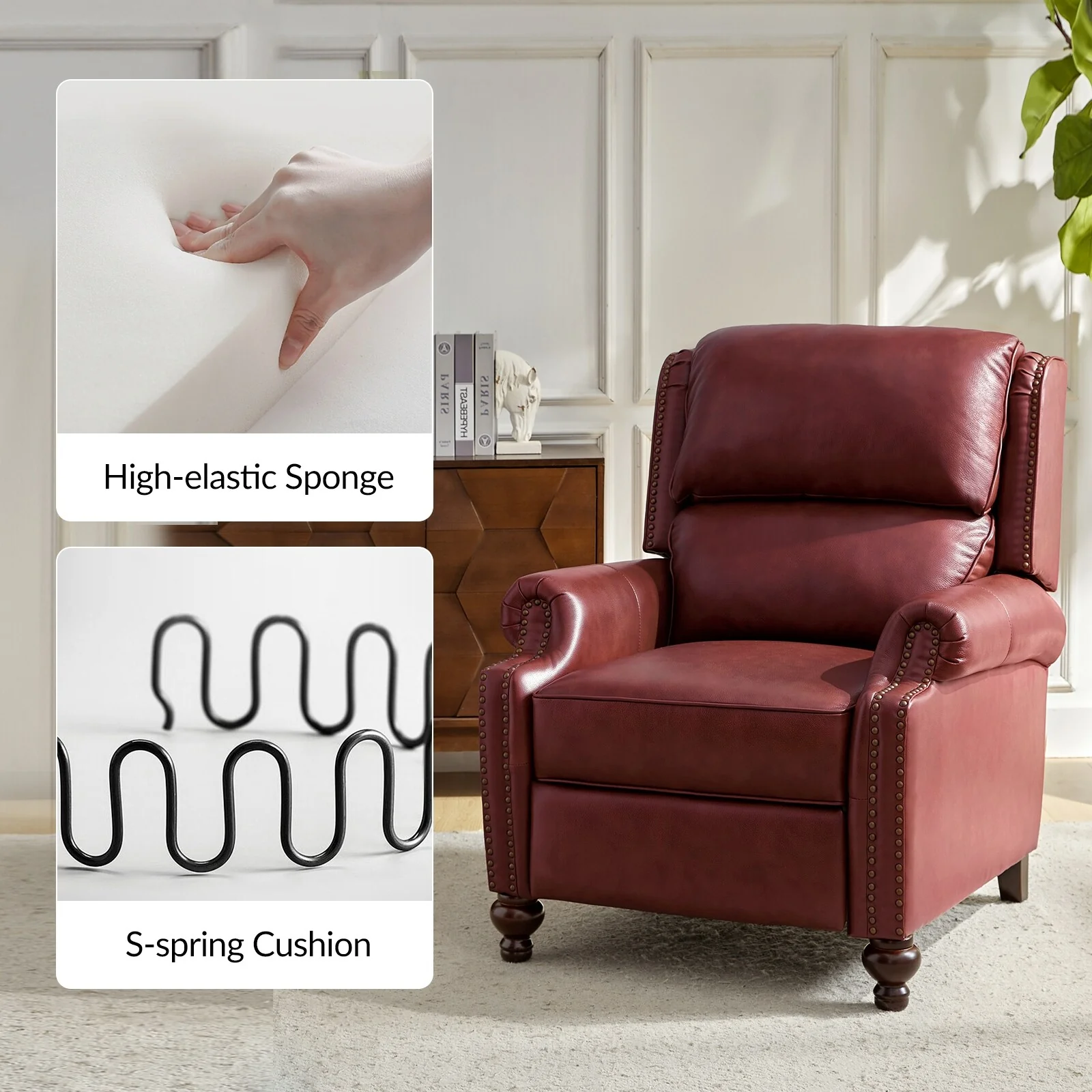 Gabriela Mid-Century Modern Genuine Leather Recliner with Tapered Block Feet by HULALA HOME