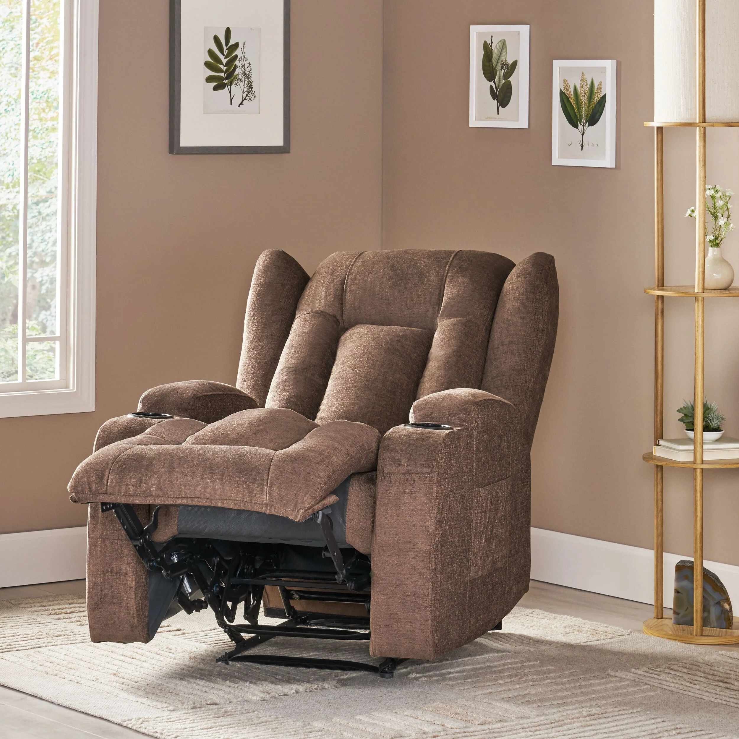 Brown Massage Recliner with Heating, 5 Modes, Cup Holders, Remote Control, and Manual Recline Function