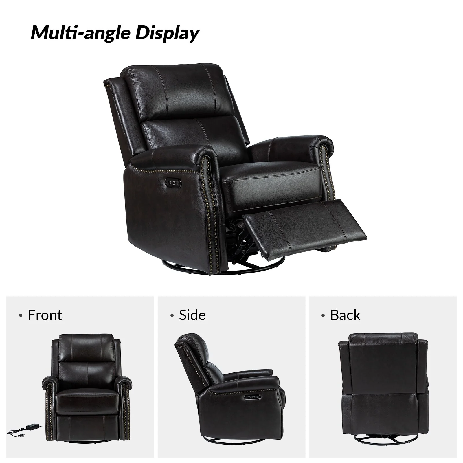 Renato Traditional Genuine Leather Nailhead Power Swivel Recliner Chair with Metal Base Set of 2 by HULALA HOME