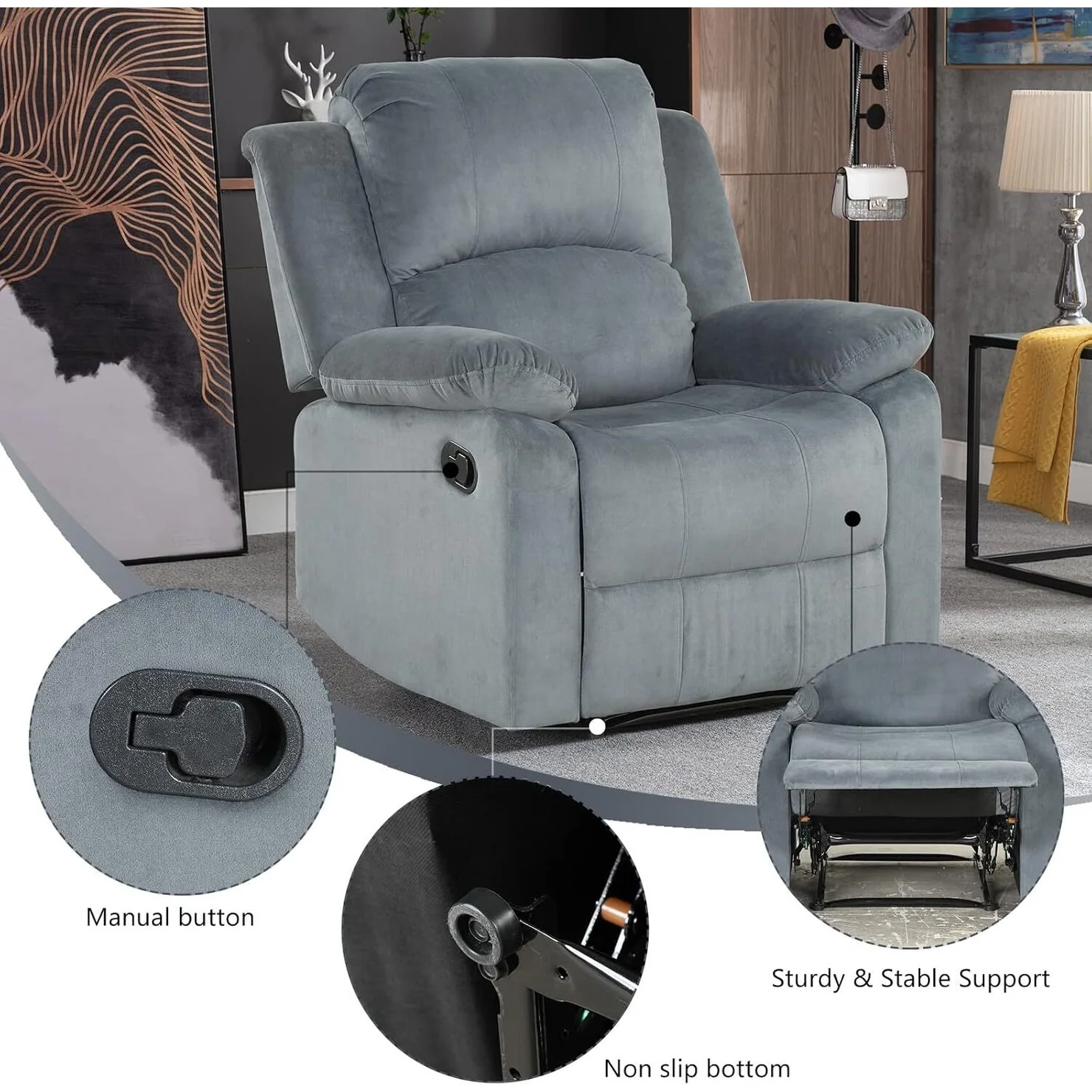 Manual Recliner Chair, Soft Fabric Overstuffed Recliner Single Sofa Chair for Living Room Bedroom