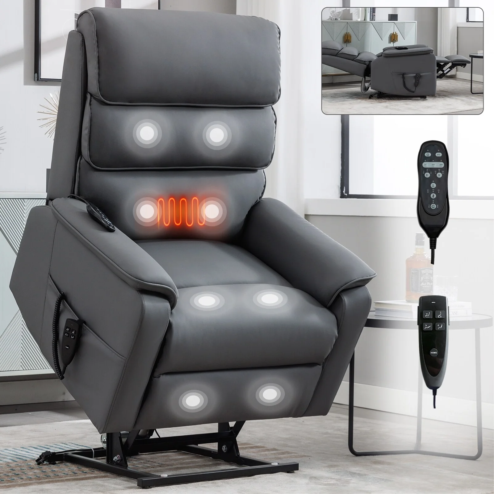 Dual?Motor Power Lift Recliner Chair with Massage & Cat?Proof Leather