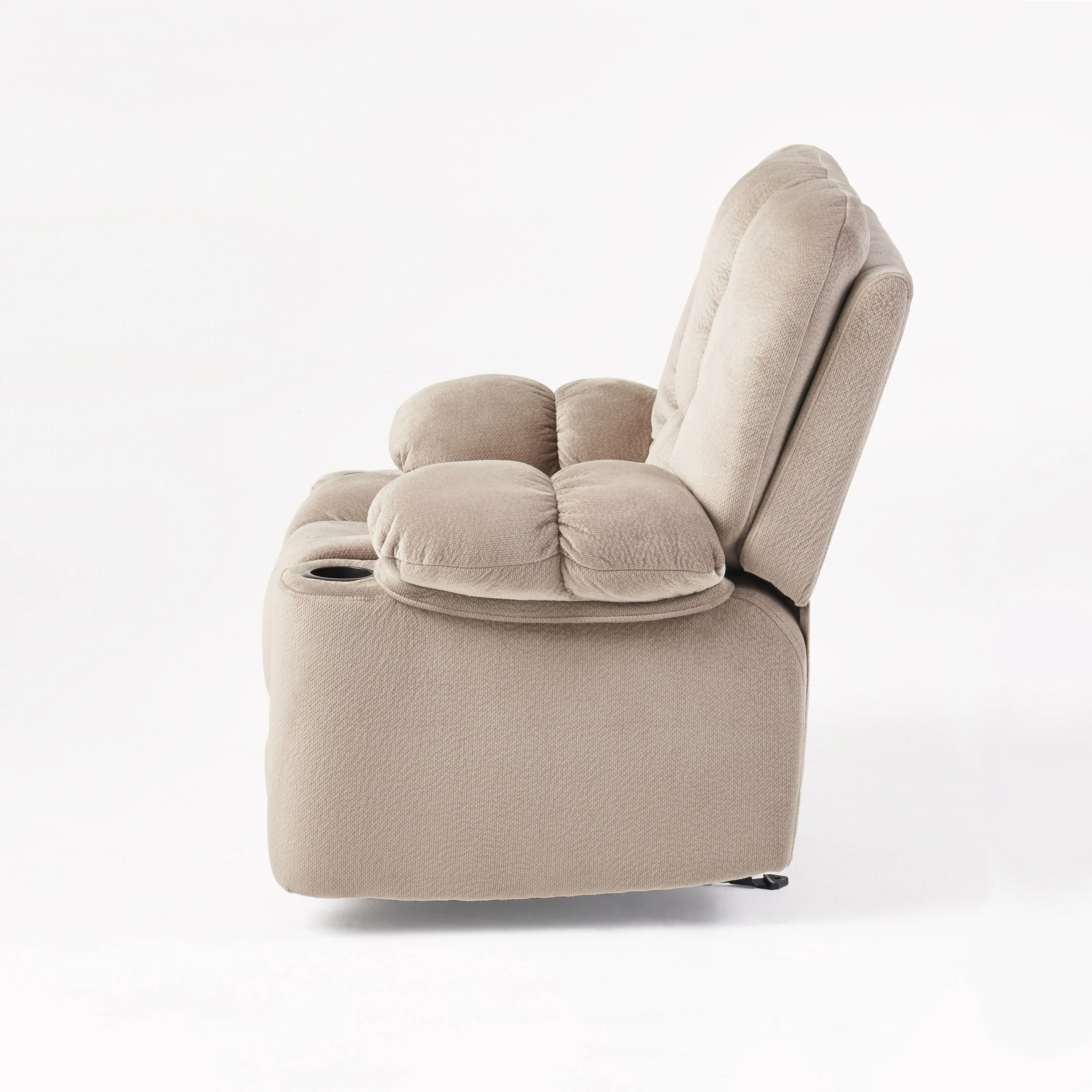 Brown Fabric Manual Recliner with Dual Cup Holders and Generous Dimensions