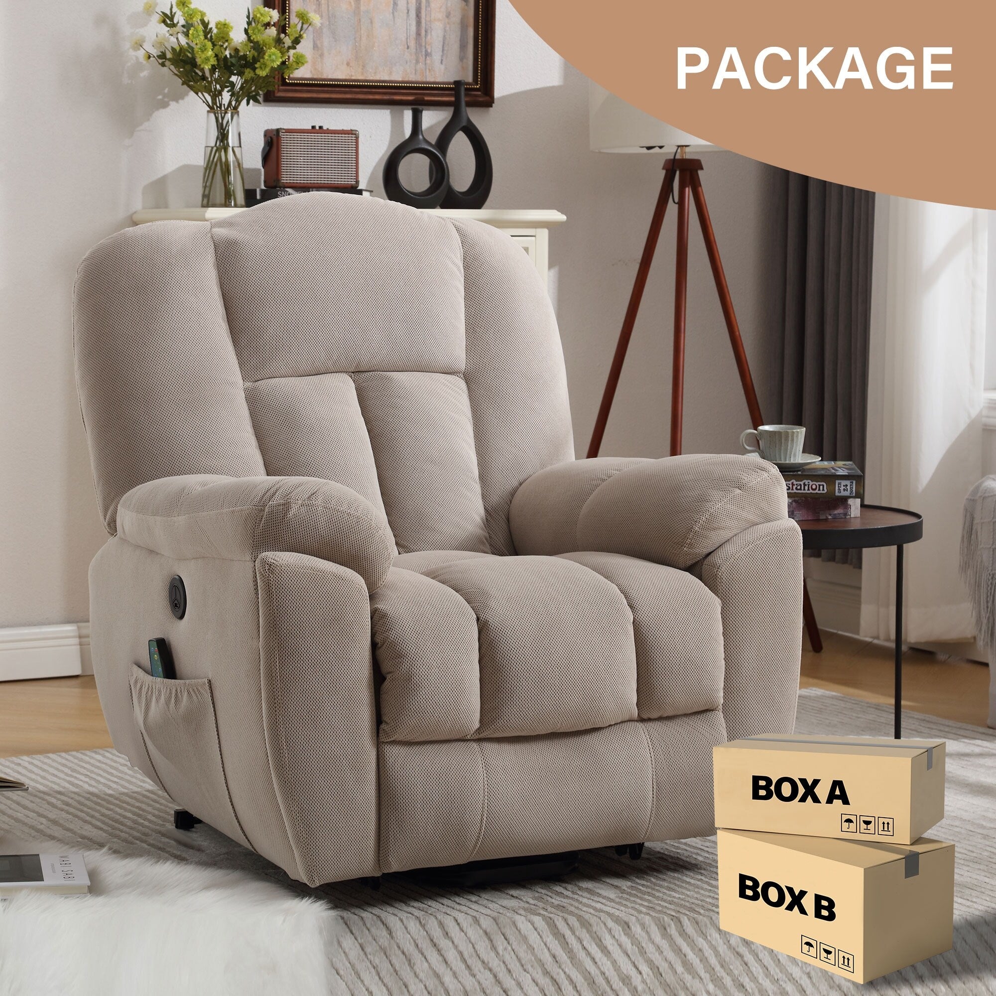 Grey Electric Power Lift Recliner with Heating, Massage, Infinite Positions, USB Charging, and Convenient Side Pockets