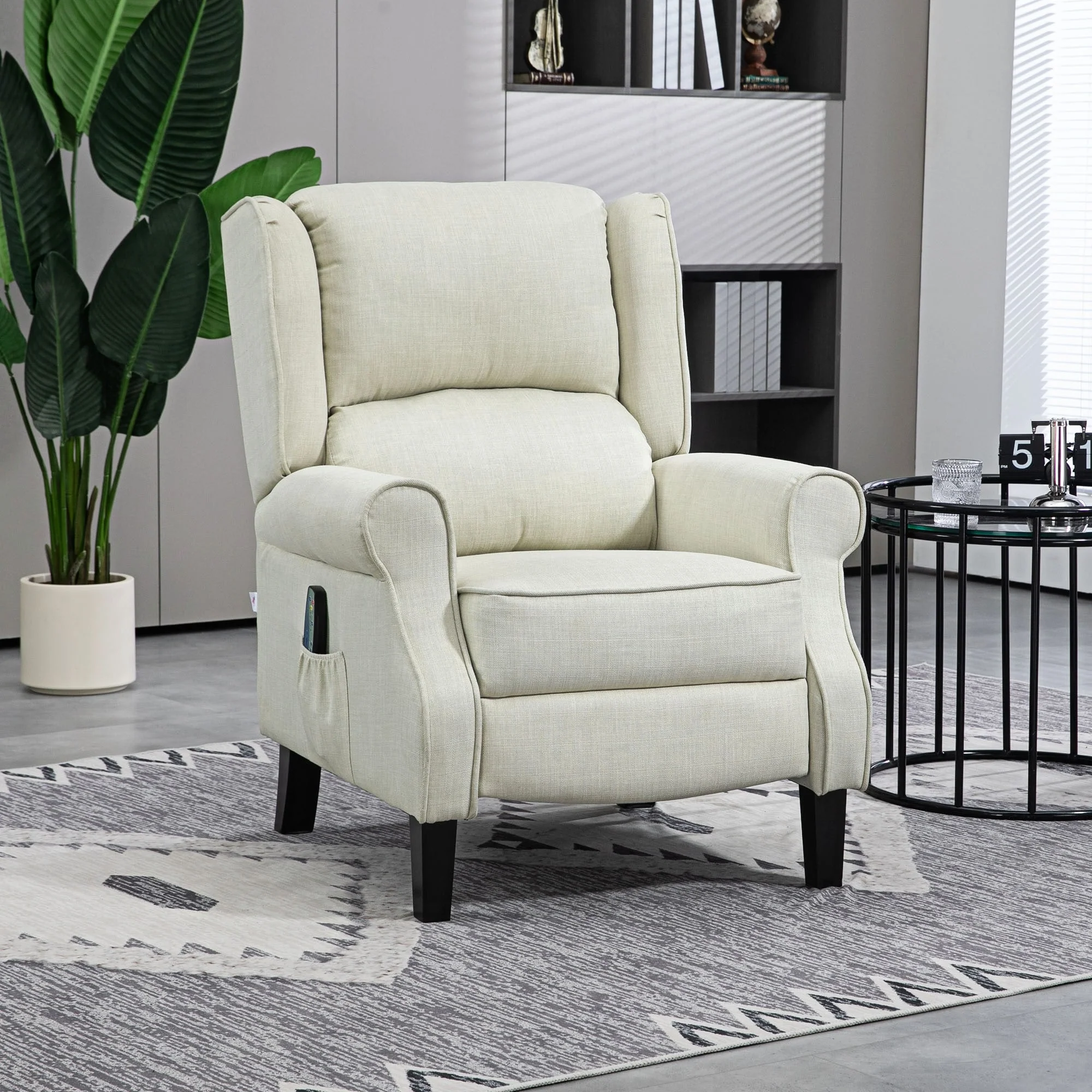 White Linen Wingback Recliner with Vibration Massage, Heat, Footrest