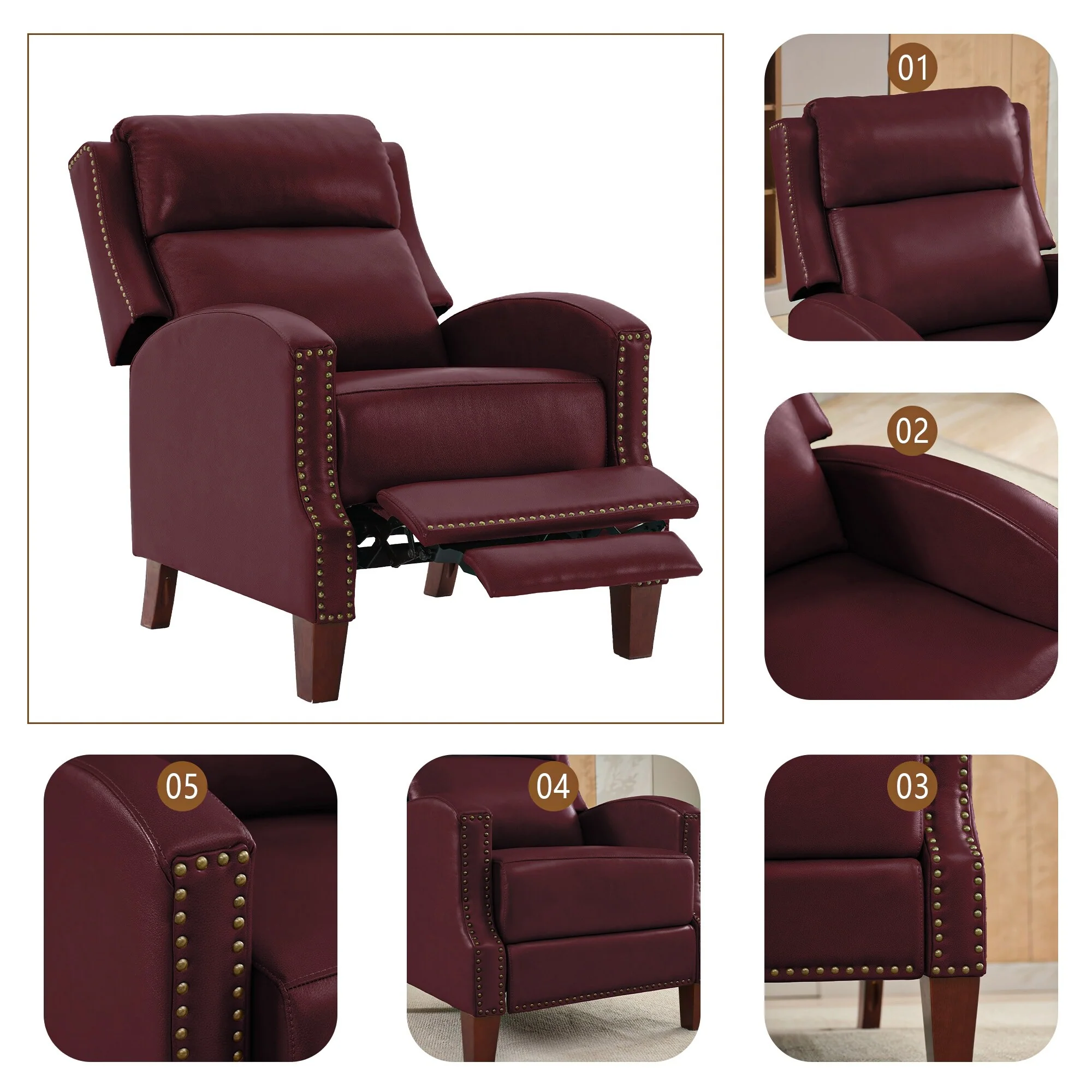 Genuine Leather Pushback Recliner with Multi-Angle Seat Back and Solid Wood Legs