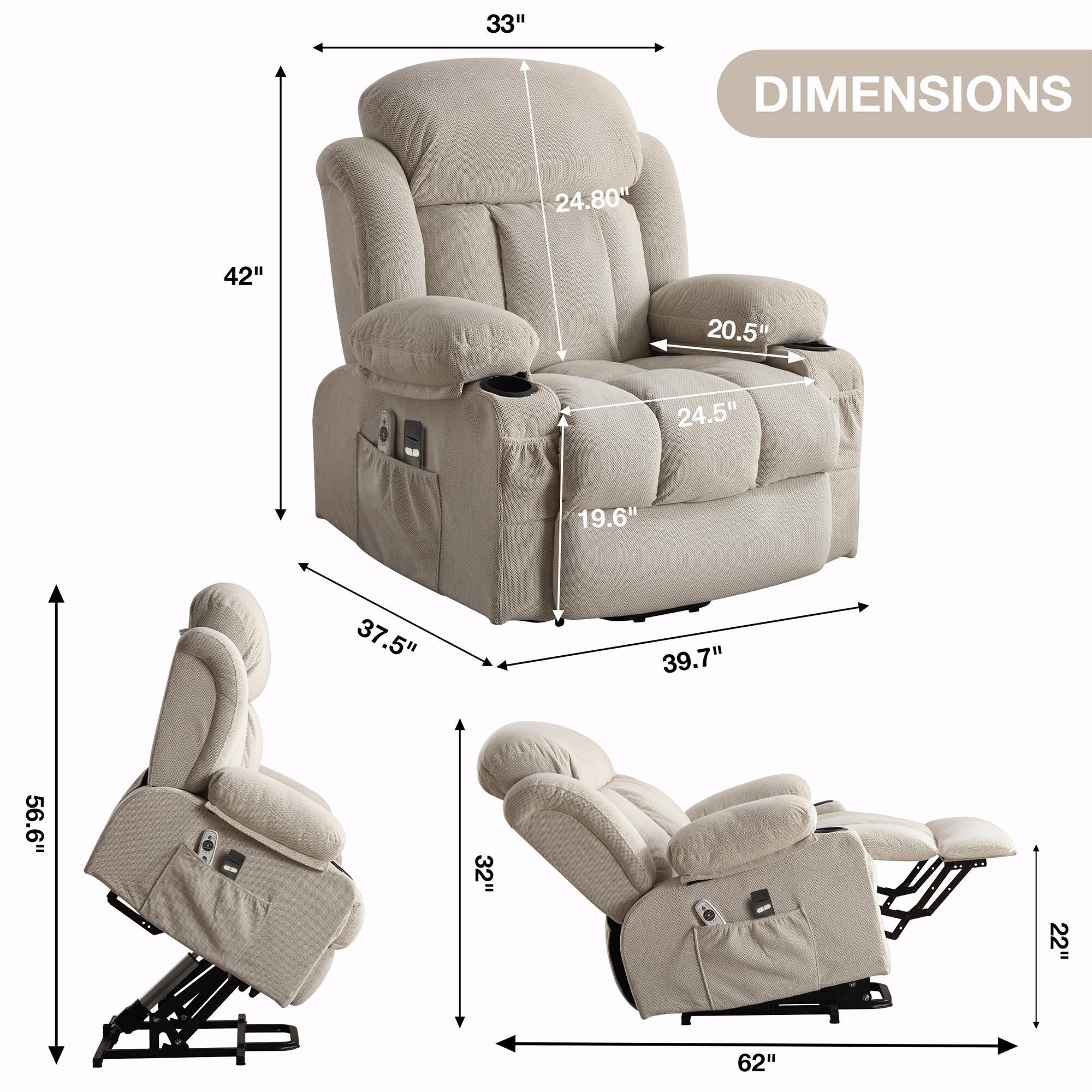 Power Lift Recliner Chair with Heat and Massage, Electric Fabric Recliner Chair