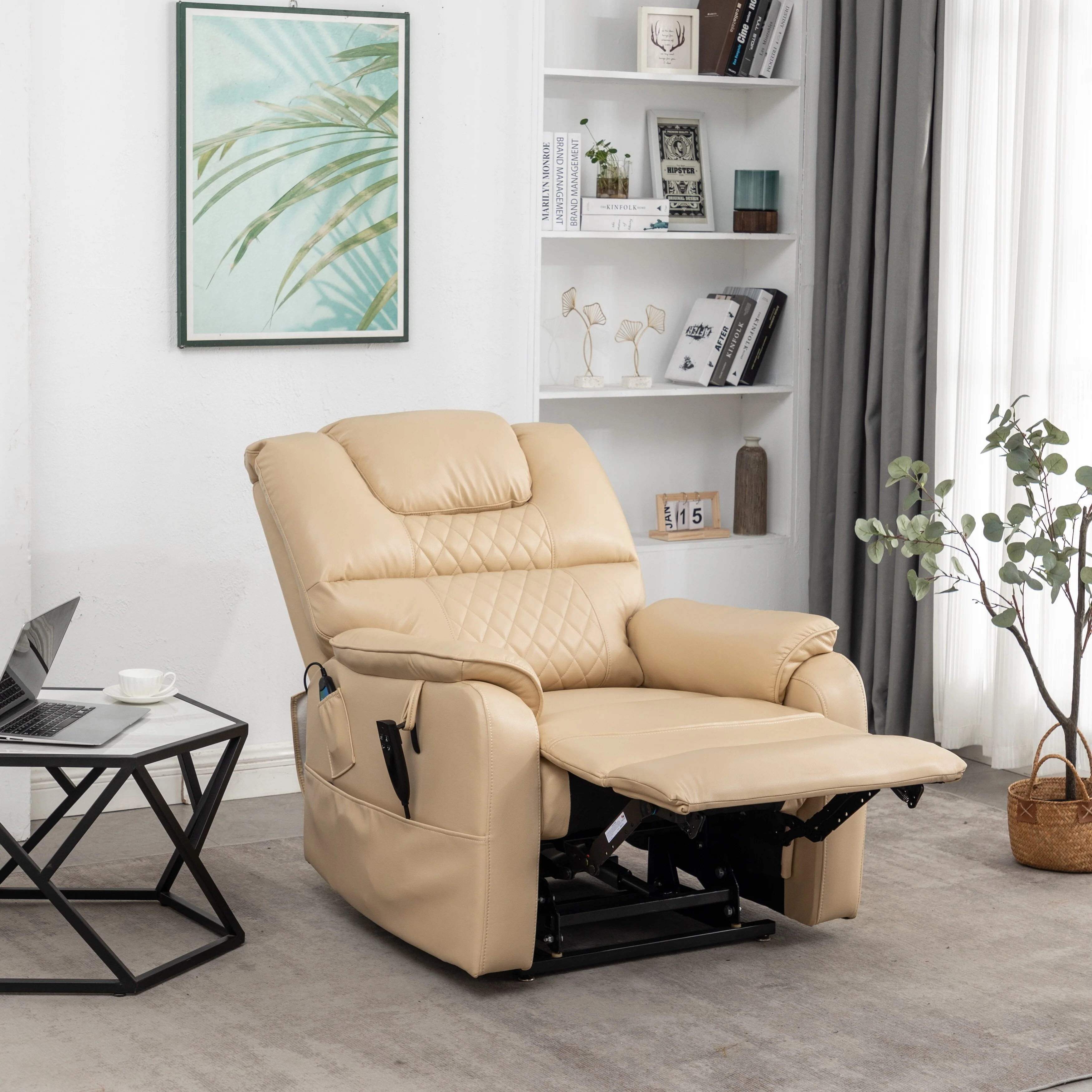 Beige PU Leather Power Lift Recliner, Massage, Flat Lay