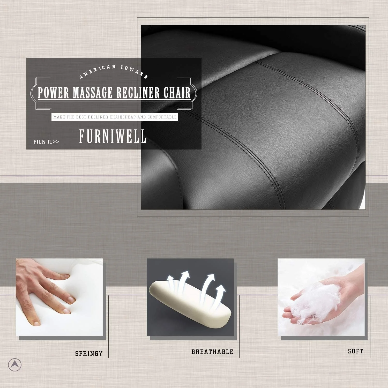 Furniwell Rotary Massage Heated Function Recliner PU Leather Whirl