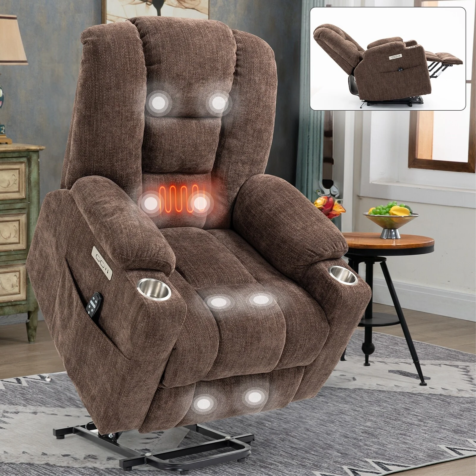Power Lift Recliner Chair with Dual USB, Cup Holders & Chenille Fabric