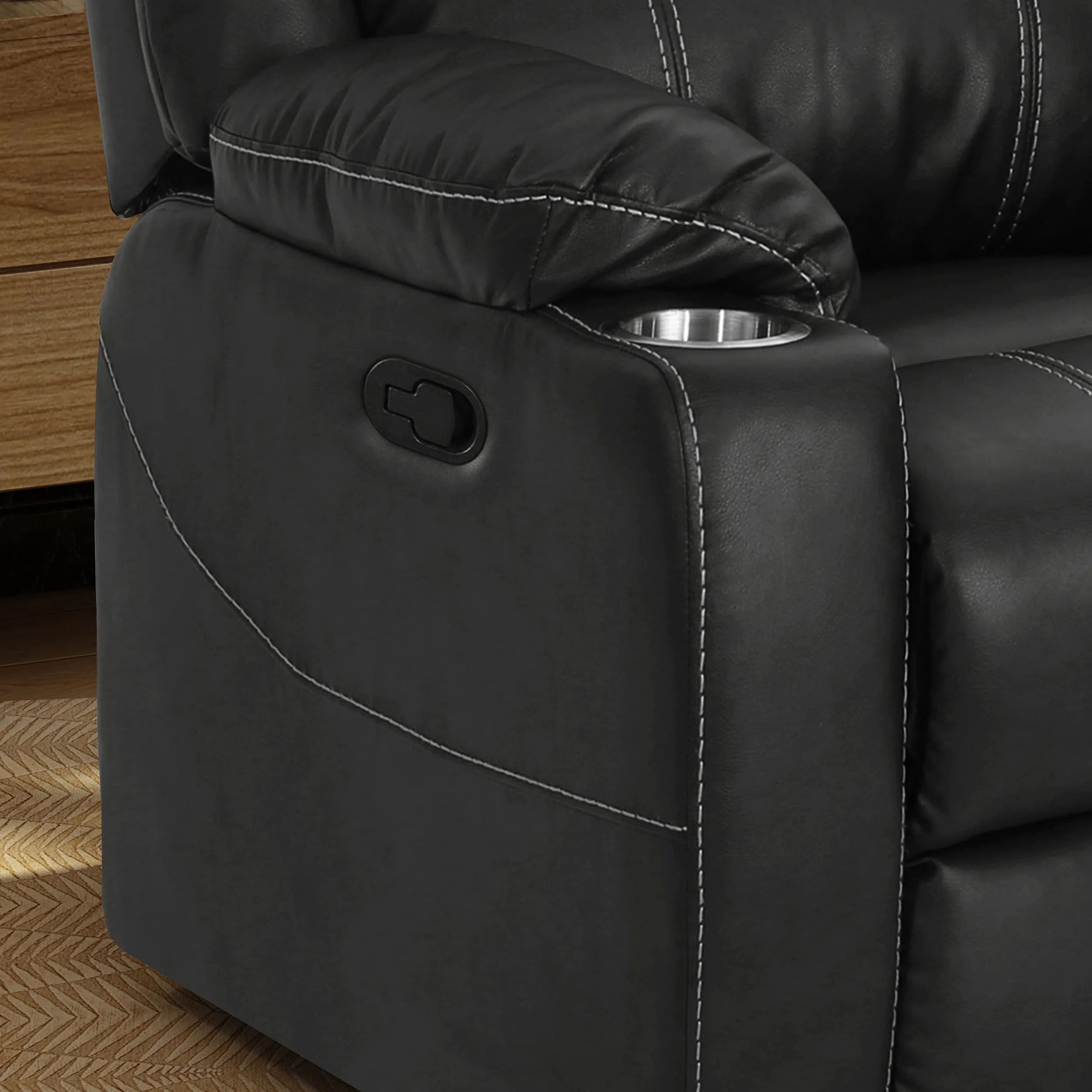 Black Modern Manual Recliner with Steel Cup Holders, Plush PU Leather, and Adjustable Reclining Backrest