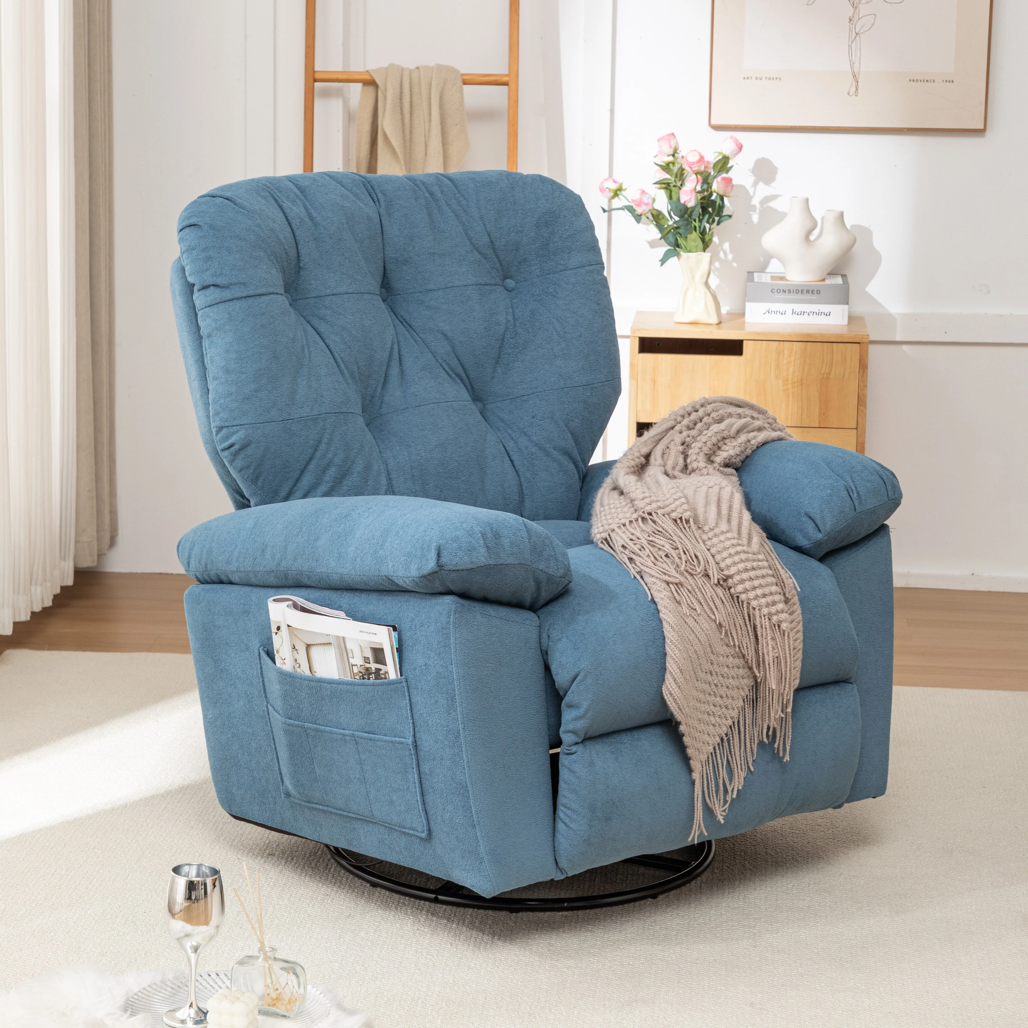 Swivel Recliner Chair with Soft Artificial Fleece, Overstuffed Comfort, Glider Function, Side Pocket, Adjustable Backrest