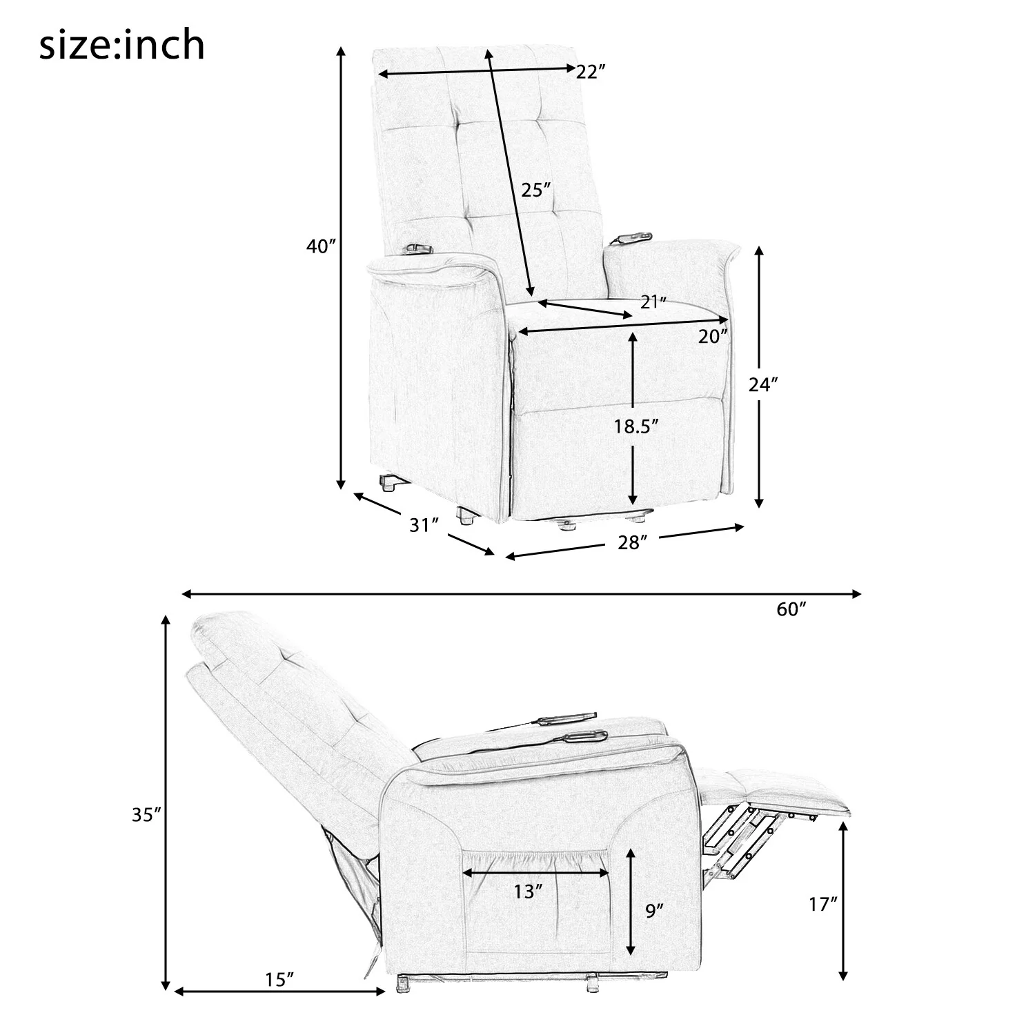 Grey Elderly Lift Recliner with Adjustable Massage, Overstuffed Cushioning, Remote Control, and Convenient Side Pockets