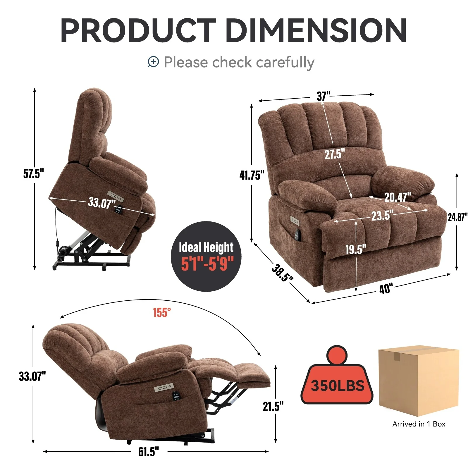 23 Seat Width and High Back Large Size Chenille Power Lift Recliner Chair with 8-Point Vibration Massage and Lumbar Heat