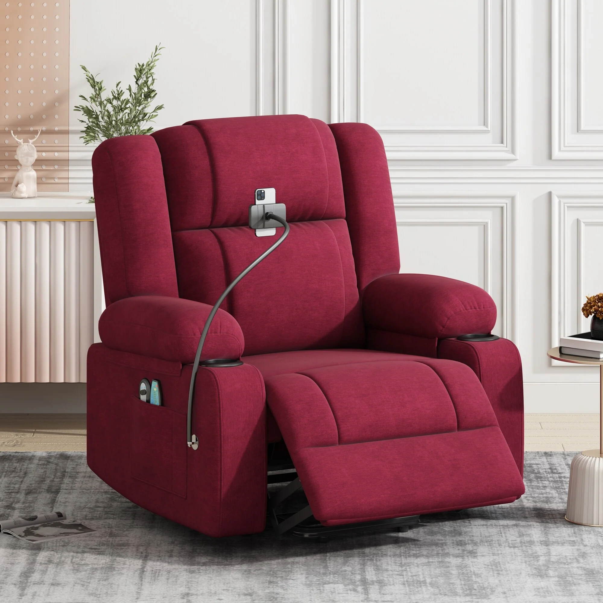 Grey Electric Lift Recliner featuring Massage, Heating, Cup Holders & 360�� Swivel Phone Stand with Adjustable Recline