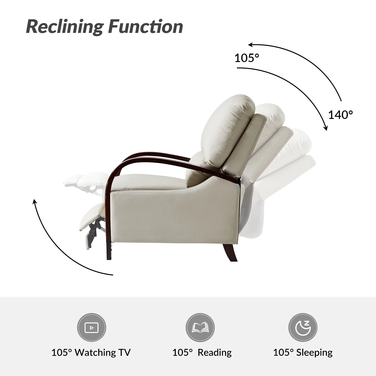 Alex Mid-century Modern Cigar Genuine Leather Manual Recliner with Wooden Curved Arms, Set of 2