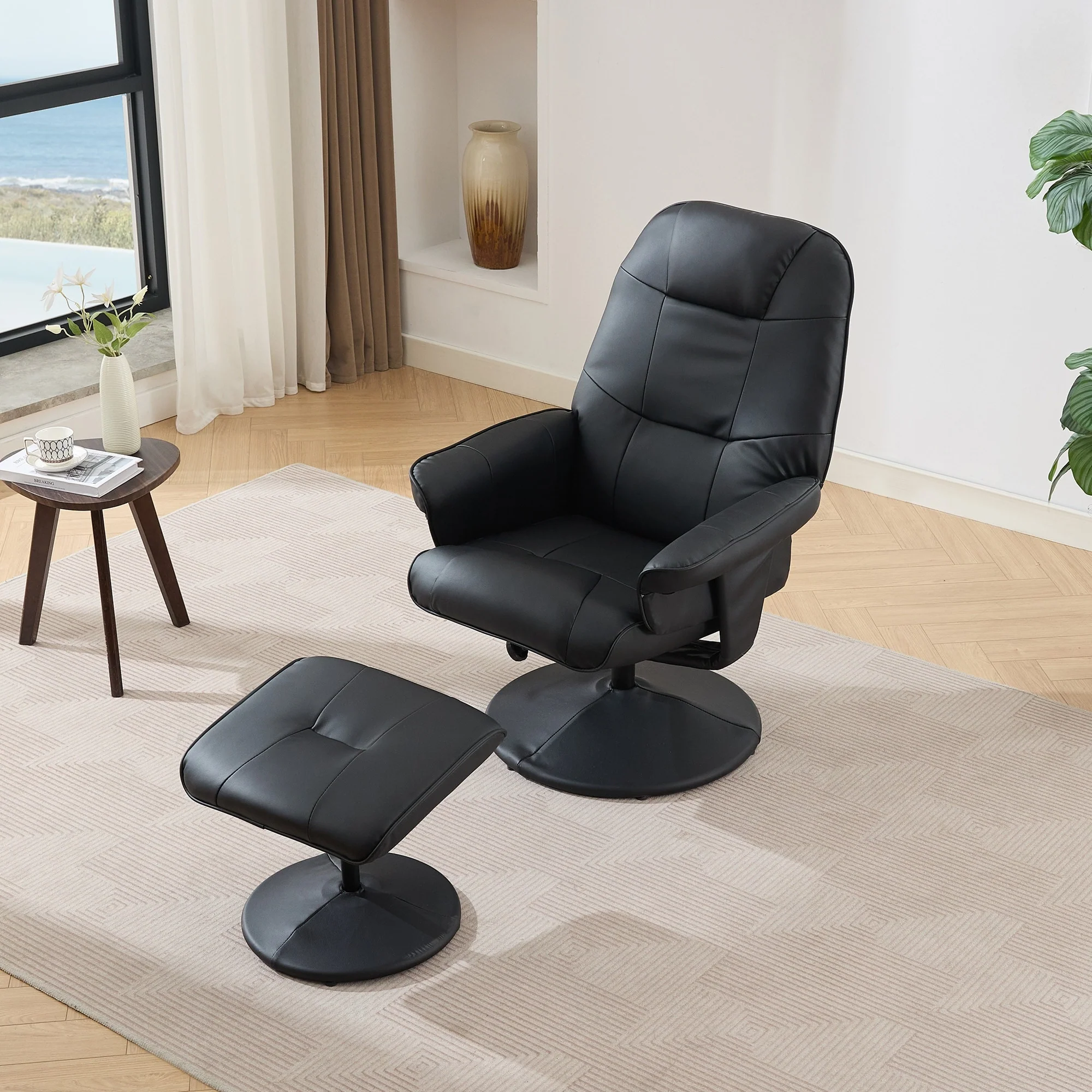 PU Leather Recliner with Ottoman, 360�� Swivel Lounge Chair Featuring 5-Point Vibration, Heated Seat & 140�� Adjustable Backrest