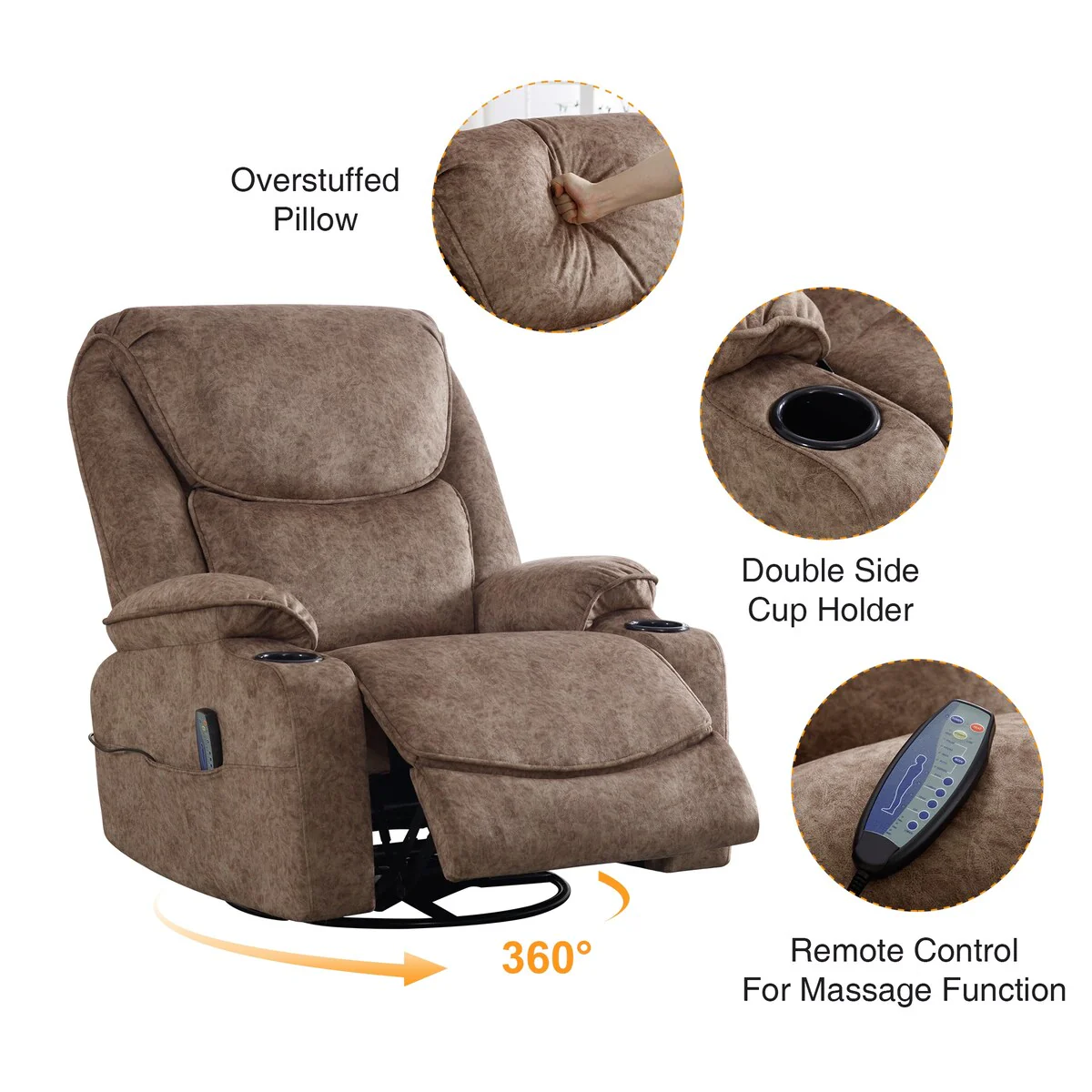 HOMYKA Swivel Manual Rocking Recliner Chair with Massage and Heat