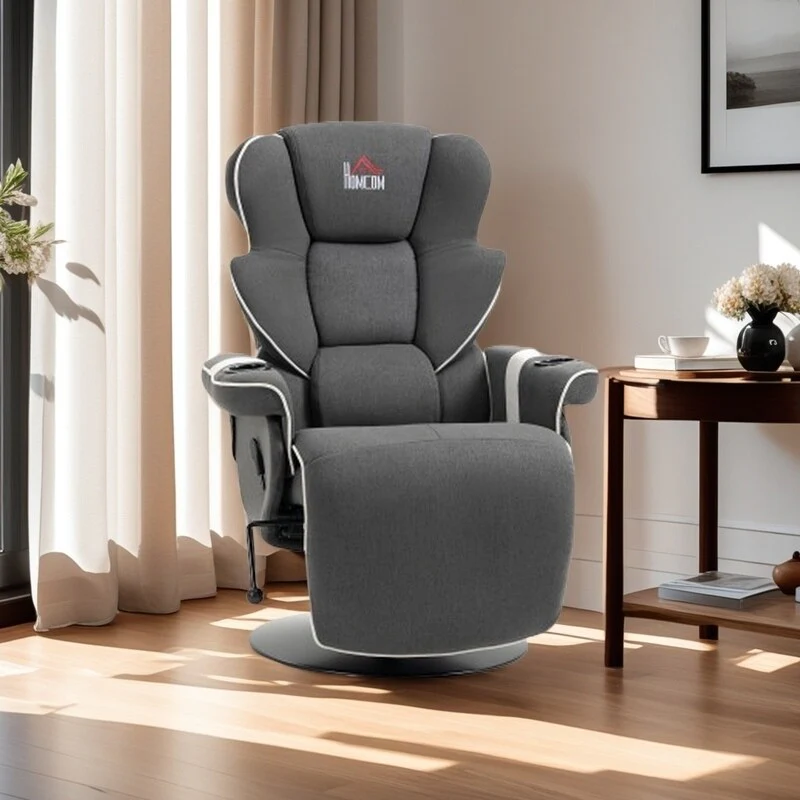 Swivel Recliner Chair with Linen Upholstery, Manual Lounge Armchair with Footrest & Dual Cup Holders for Living Room