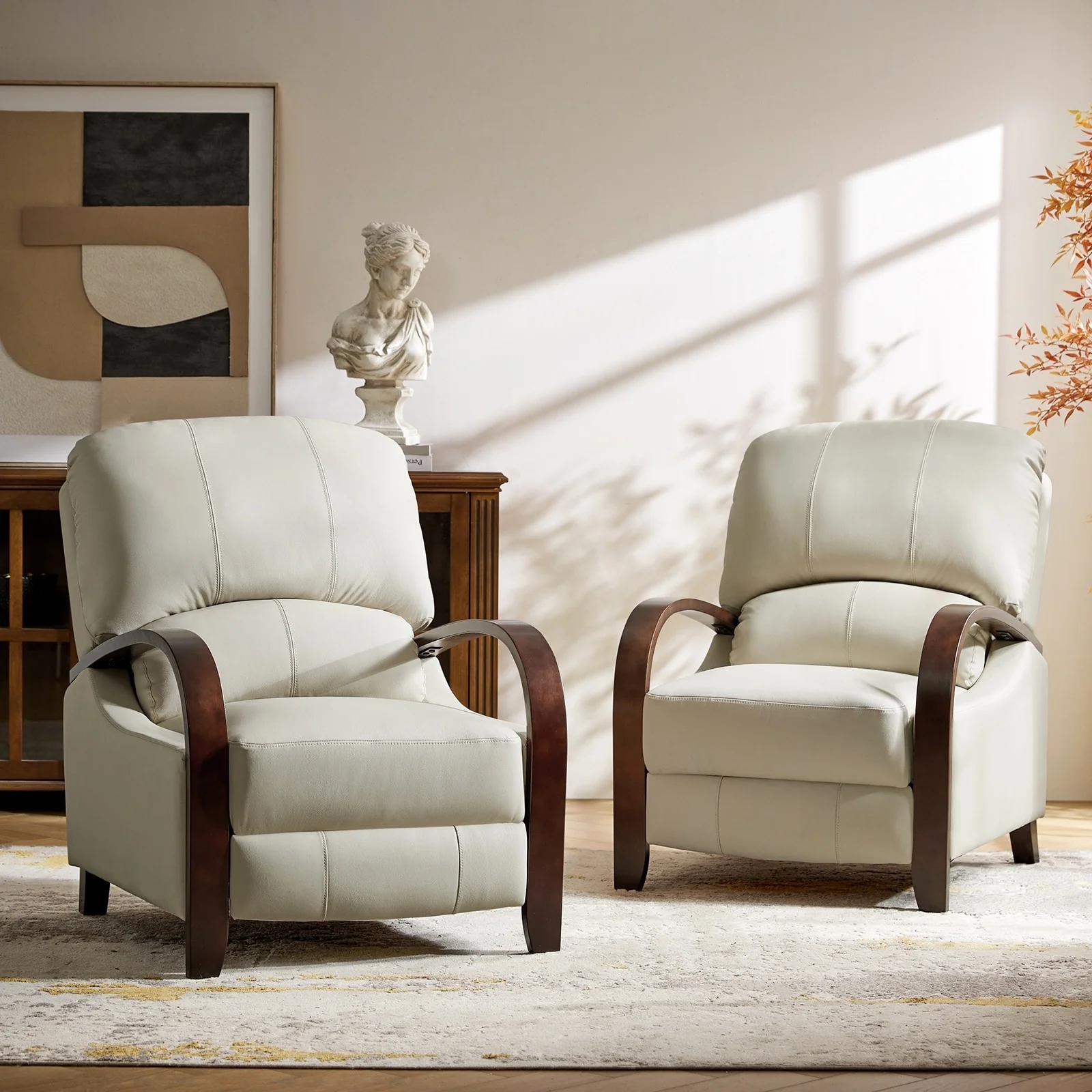 Alex Mid-century Modern Cigar Genuine Leather Manual Recliner with Wooden Curved Arms, Set of 2