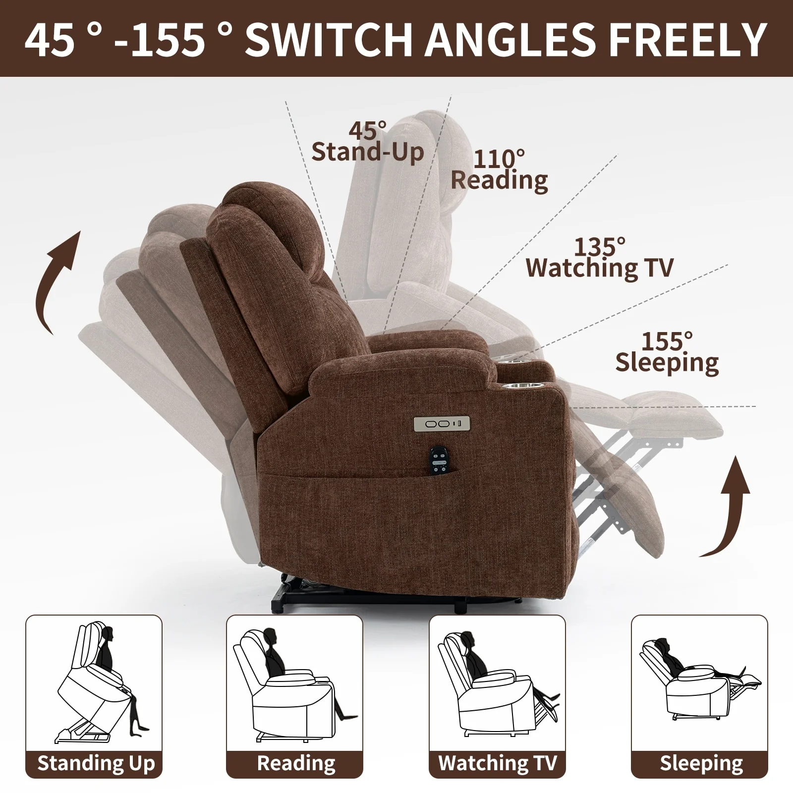 Power Lift Recliner with 8-Point Massage, Lumbar Heat, Dual USB Charging, and Stainless Steel Cup Holders