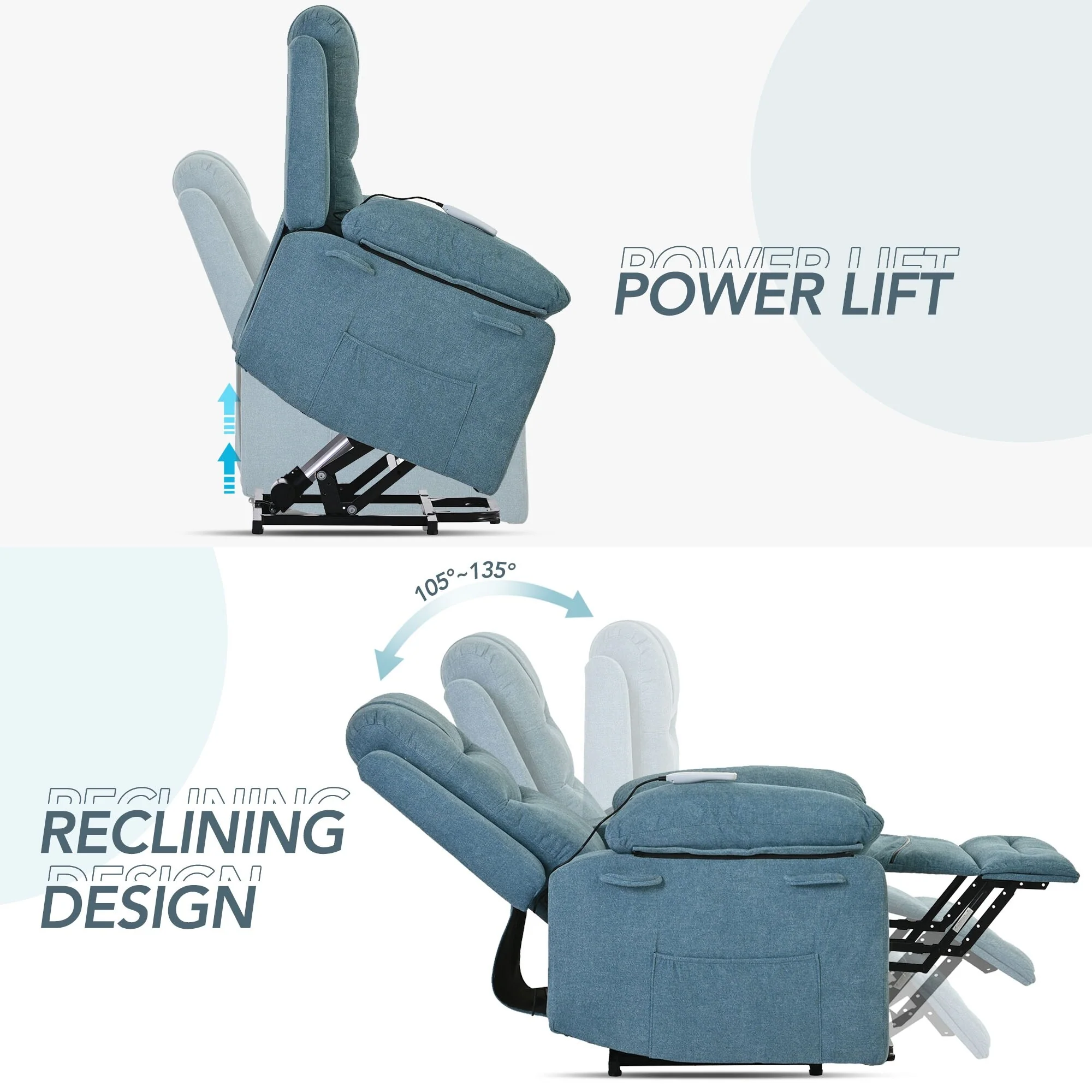 Standard Size Linen Power Lift Recliner Chair with Massage, Heating, and Side Storage Pocket