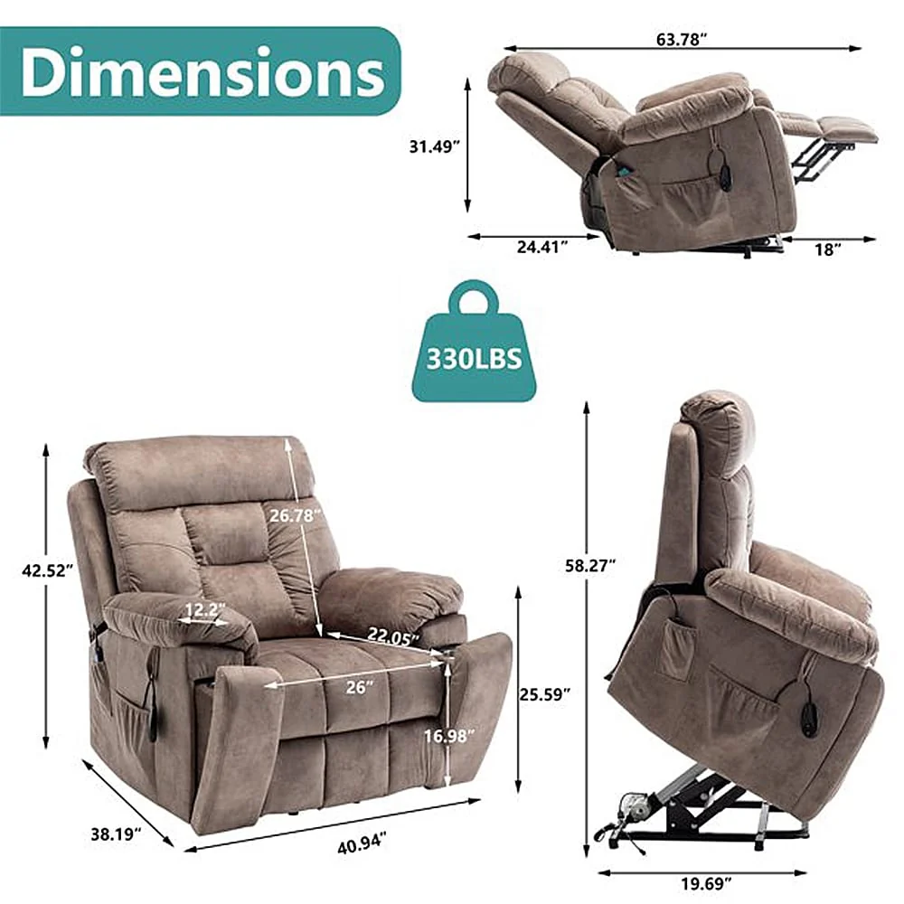 Large Electric Massage Lift Recliner with Heat, Hidden Cup Holder
