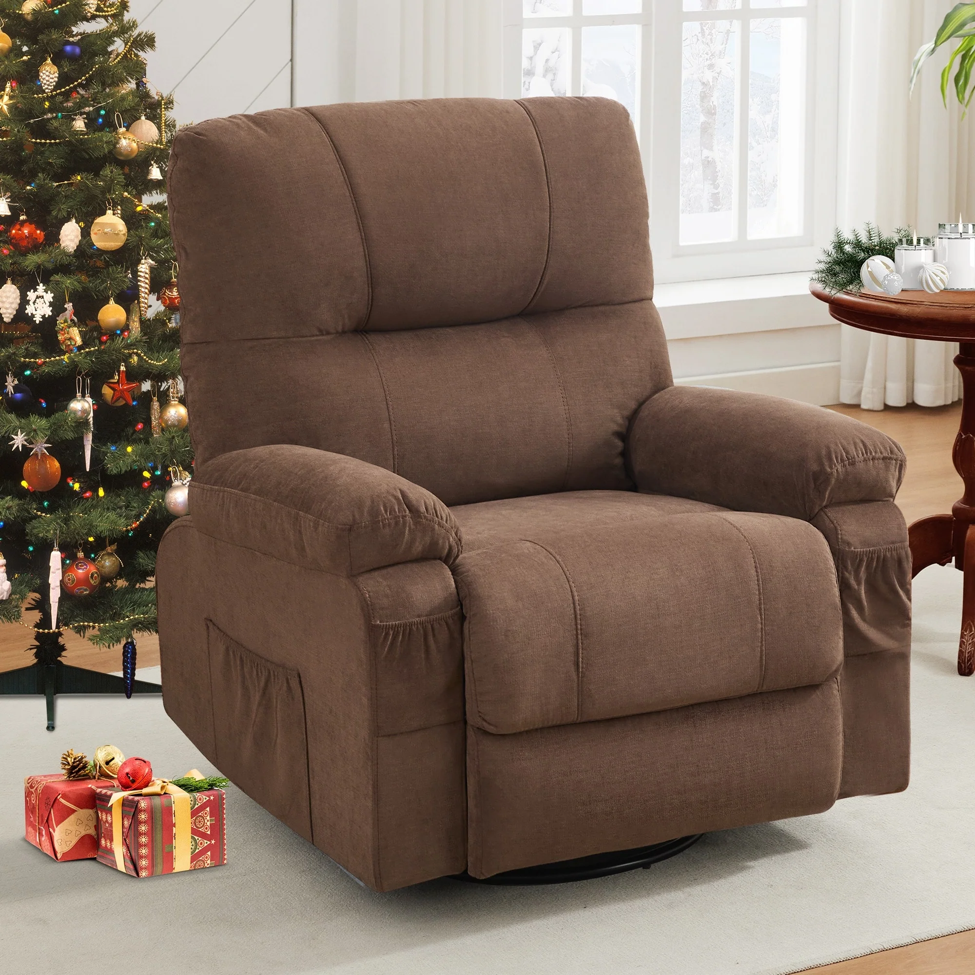 360�� Rotating Recliner Chair with Adjustable Backrest, Swivel Rocking Armchair with Footrest, Soft Cushions & Side Pockets