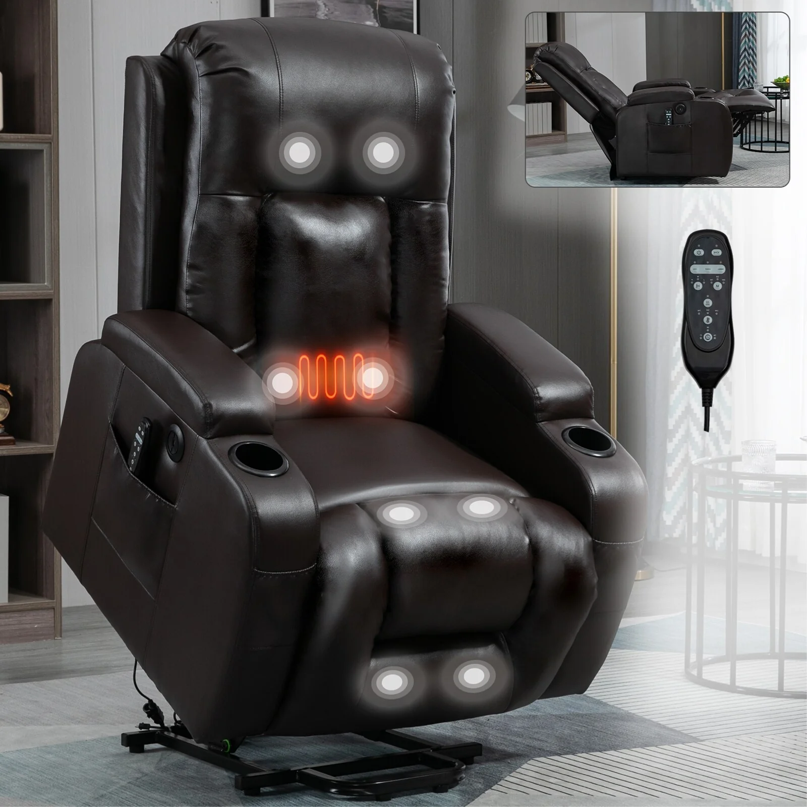 Heavy-Duty Power Lift Recliner with 8-Point Massage, Lumbar Heat Therapy, USB Charging, Dual Cup Holders, and Spacious Seating
